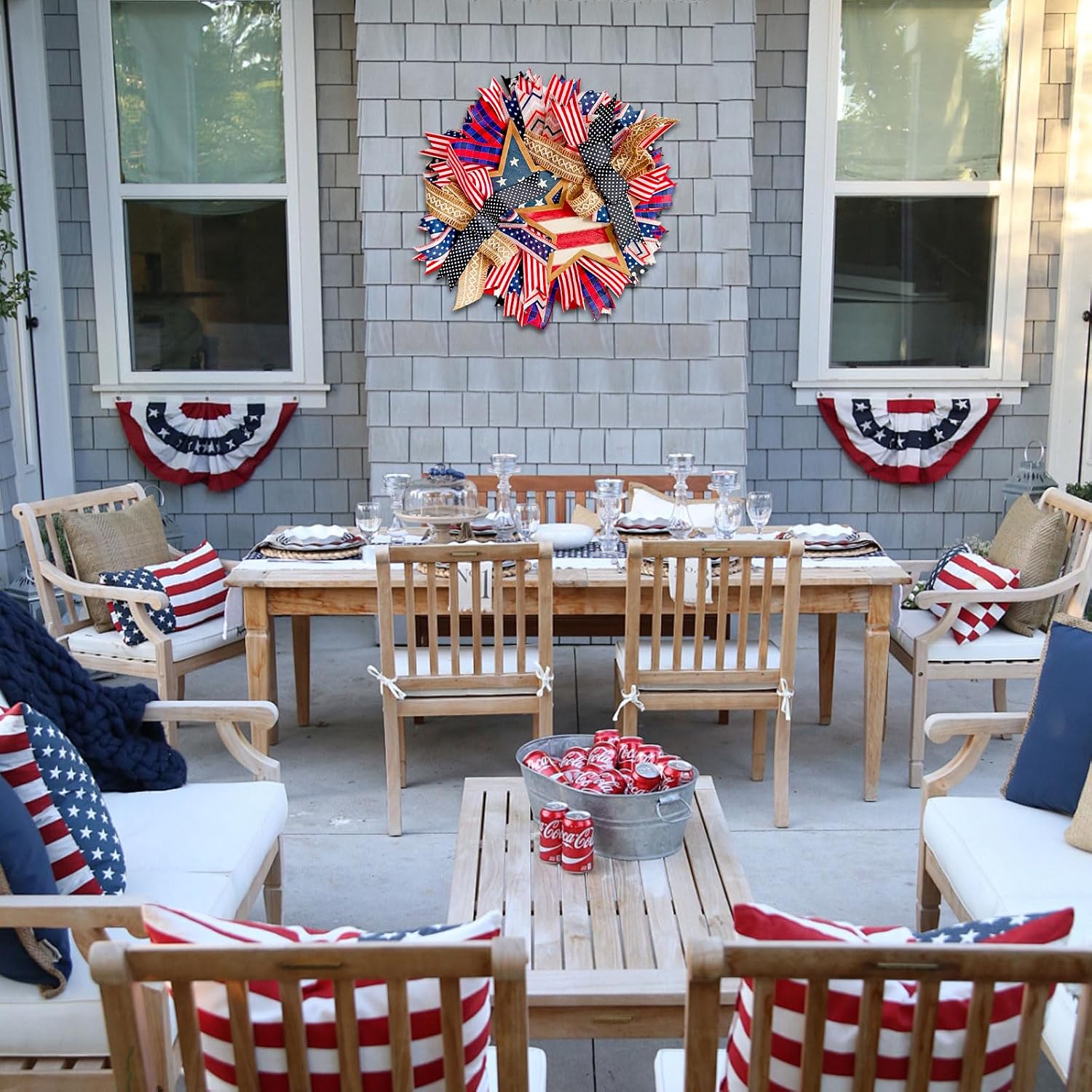 4th of July Wreath for Front Door, 18 in Patriotic Door Wreath Red White and Blue Wreath for 4th of July, Independence Day, American Flag Themed Front Door Decor, Star Floral Pride Wreath (A)