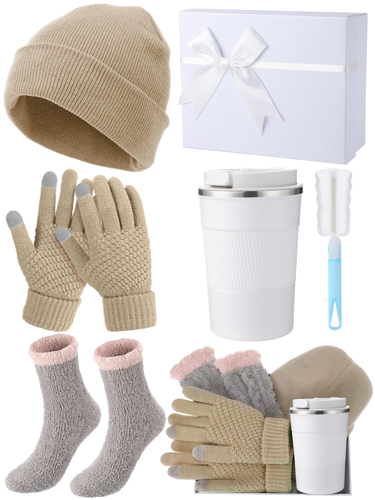 Teenyyou 5 Pcs Winter Gift Set for Woman Hat Gloves Fuzzy Crew Socks 12 oz Coffee Mug Gift Box with Lids Birthday Women Gift