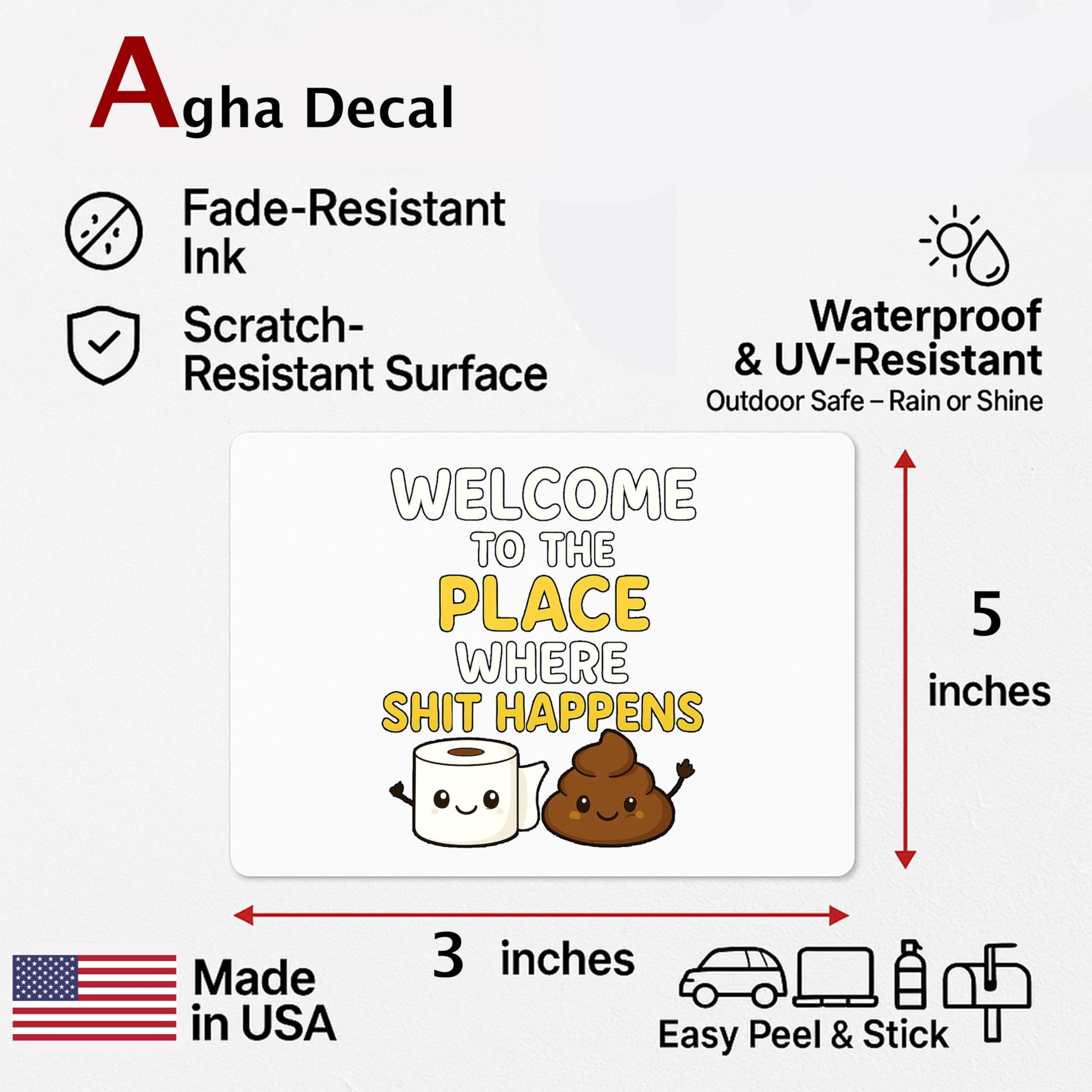 5 Inch Funny Toilet Sticker | Welcome to The Place Where Sh*t Happens Bathroom Decal | Cute Poop & Toilet Paper Design | Waterproof Vinyl Sticker | Bathroom Wall or Lid Decor