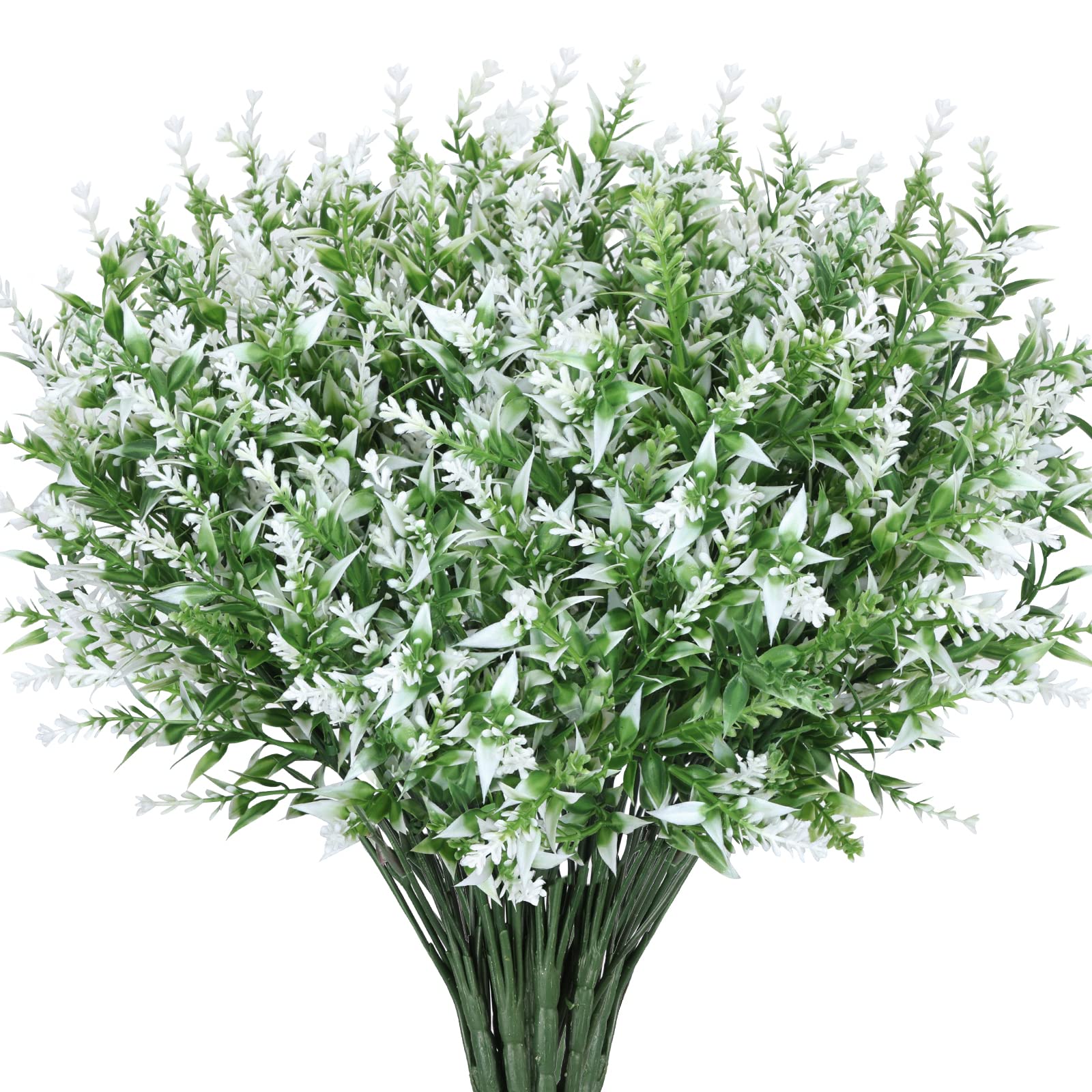 CEWOR 10 Bundles Artificial Lavender Flowers Outdoors Fake Shrubs Greenery Plants Indoor UV Resistant Plastic Faux Bouquets for Outdoor Home Garden Porch Decoration (White)