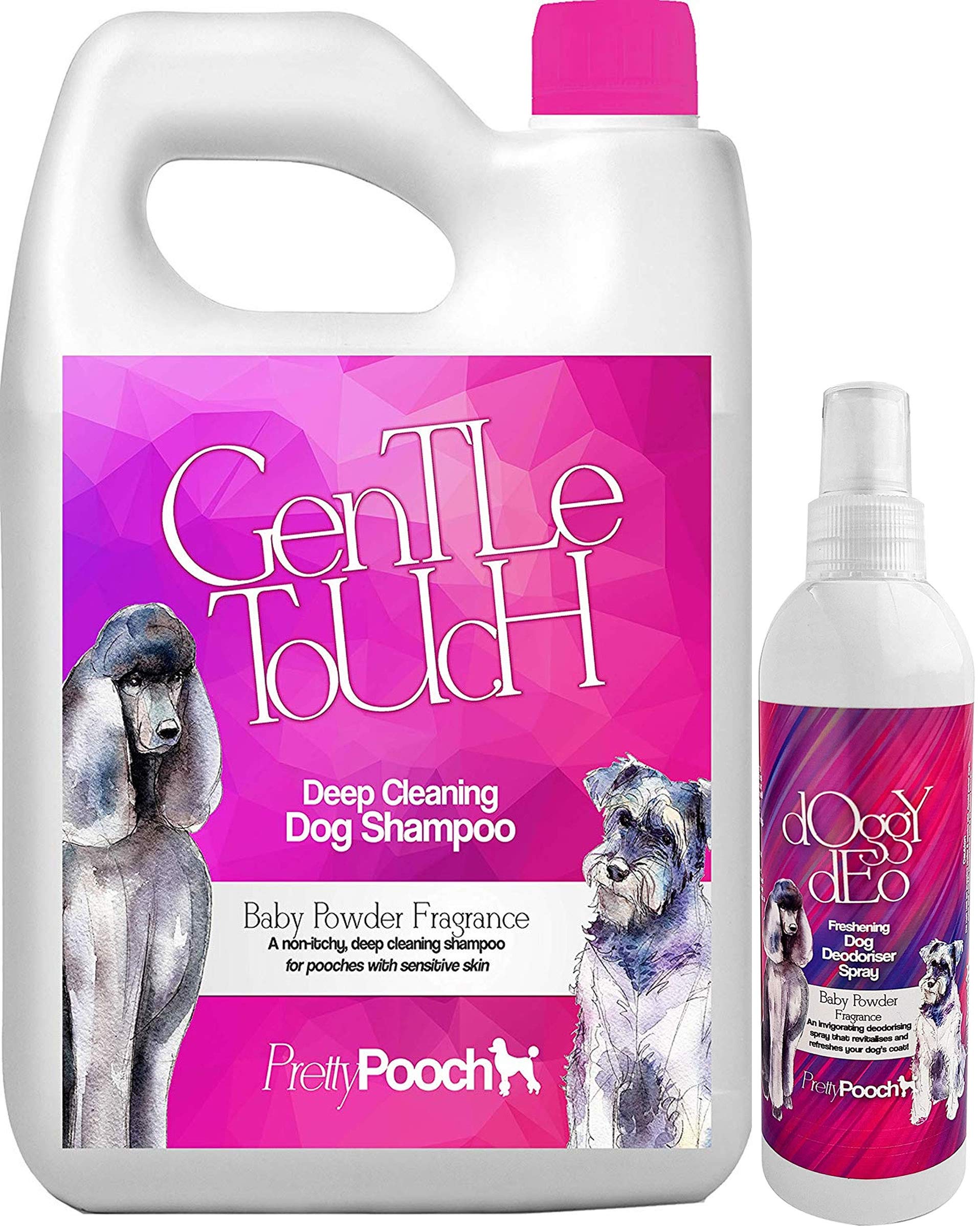 5L Gentle Touch Dog Shampoo & 250ml Deodorising Spray (Baby Powder Fragrance) - A Non-itchy, Professional Deep Cleaning Shampoo for Dogs with Sensitive Skin!
