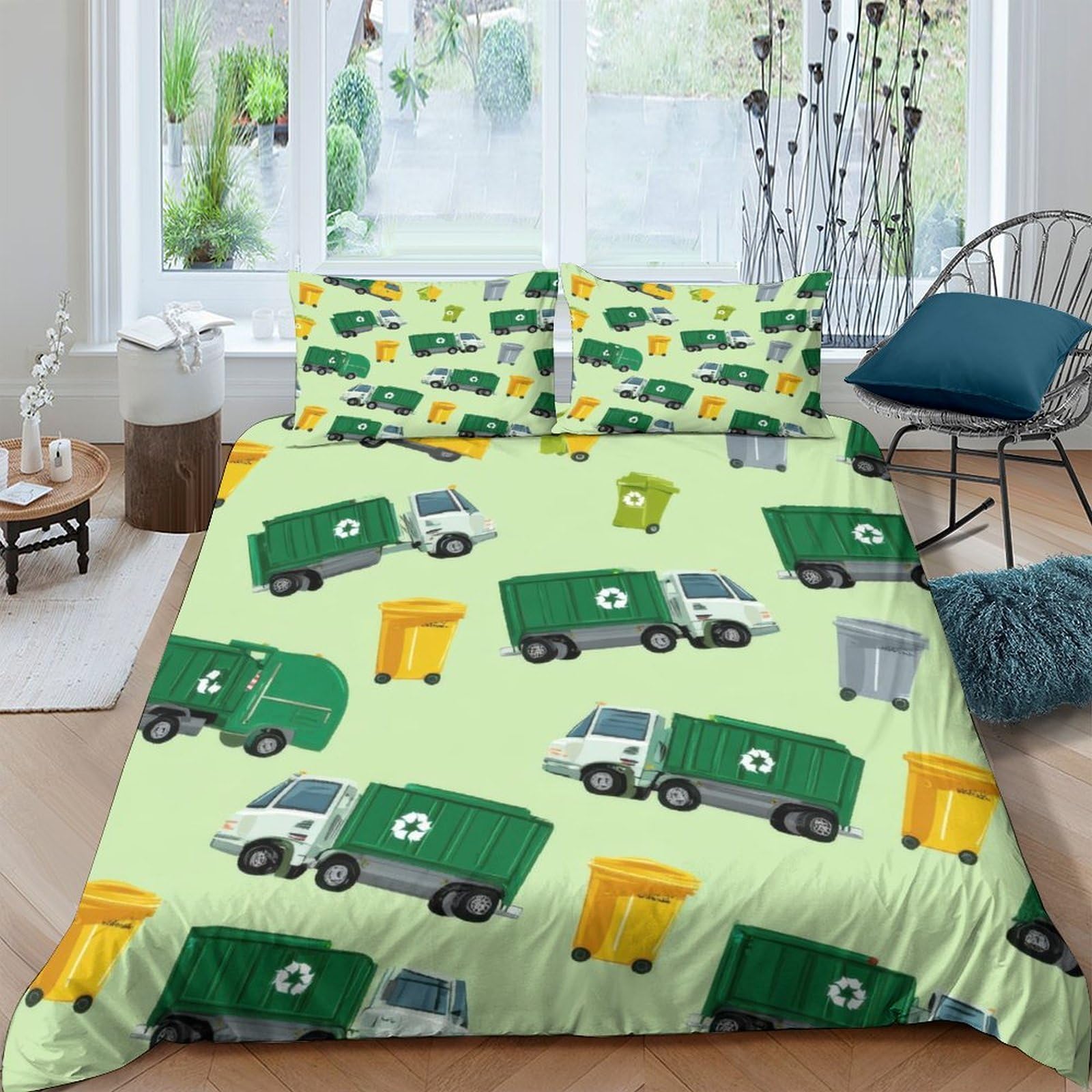 TUFRTGYHN 3D Printed Garbage Truck Duvet Cover Microfiber Soft Breathable Recycling Bin Bedding Set with 2 Pillowcases for Bedroom Decor Single（135x200cm）
