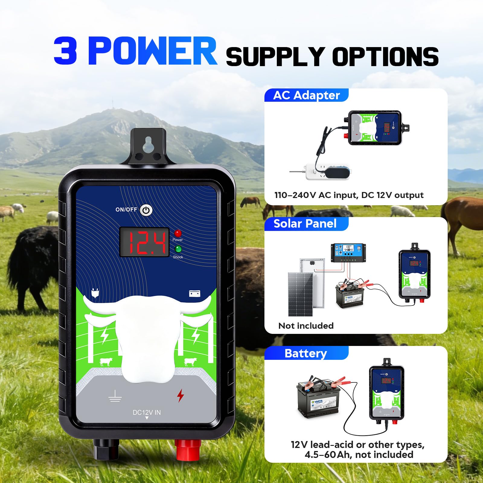 Pastor Eléctrico 12KV 4 Julios, Alcance 24KM para Granja y Pastizal - cerca eléctrica Controlador, Opciones de Corriente/Batería/Solar, para Vacas, Caballos, Ovejas, Cabras, Jabalíes