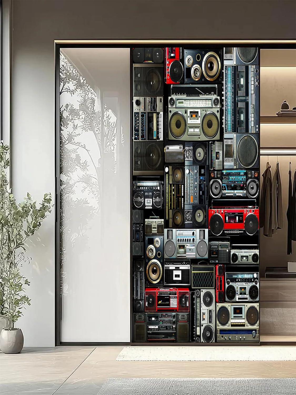 artfanke 3D Door Sticker Peel and Stick 33.5"x84.6"-Self-Adhesive Wallpaper Waterproof Door Mural Decal-Vintage Radio Boombox of The 80s Wall Poster for Home Decor (2 Sheets/Set)