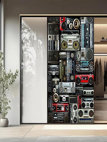 Miniatura 3 de artfanke Adhesivo 3D para puerta, 33.5 x 84.6 pulgadas, papel tapiz autoadhesivo impermeable, mural para puerta, póster vintage de radio Boombox de