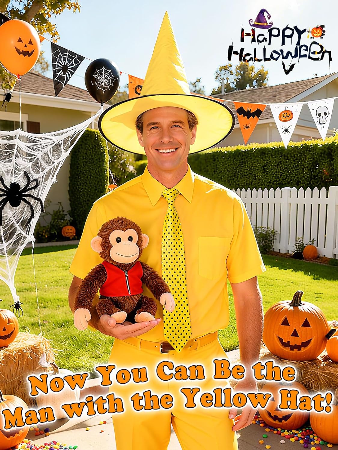 Aulock 2pcs Halloween Man in the Yellow Hat Costume - Yellow Pointed Hat & Polka Dot Tie for Cosplay Party - Image 3