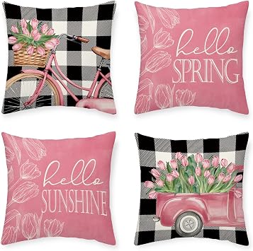 Summer Spring Pink Tulip Pillow Covers Hello Sunshine 18 x 18 Inch Throw Pillows, Flowers Bicycle Truck Pillowcases Farmhouse Decorations Cushion Case for Sofa Couch Set of 4