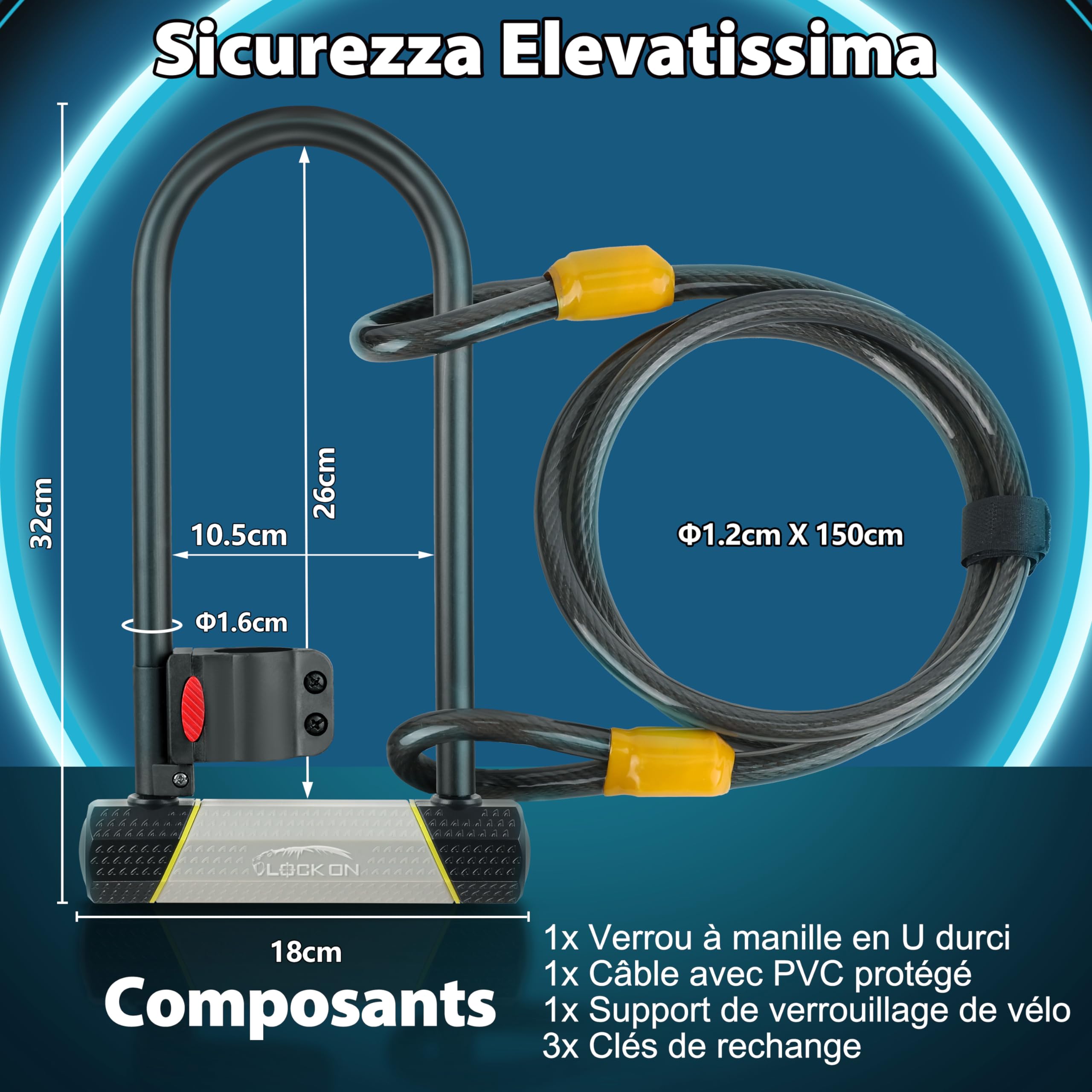 SUNYA Antivol de Vélo, Cadenas Pour Velo, 14mm Antivol en U et câble 12mm x 1,5m. Niveau de Sécurité 7/10, Offre un Haut Niveau de Protection. 1 Support de Montage. 180x320mm