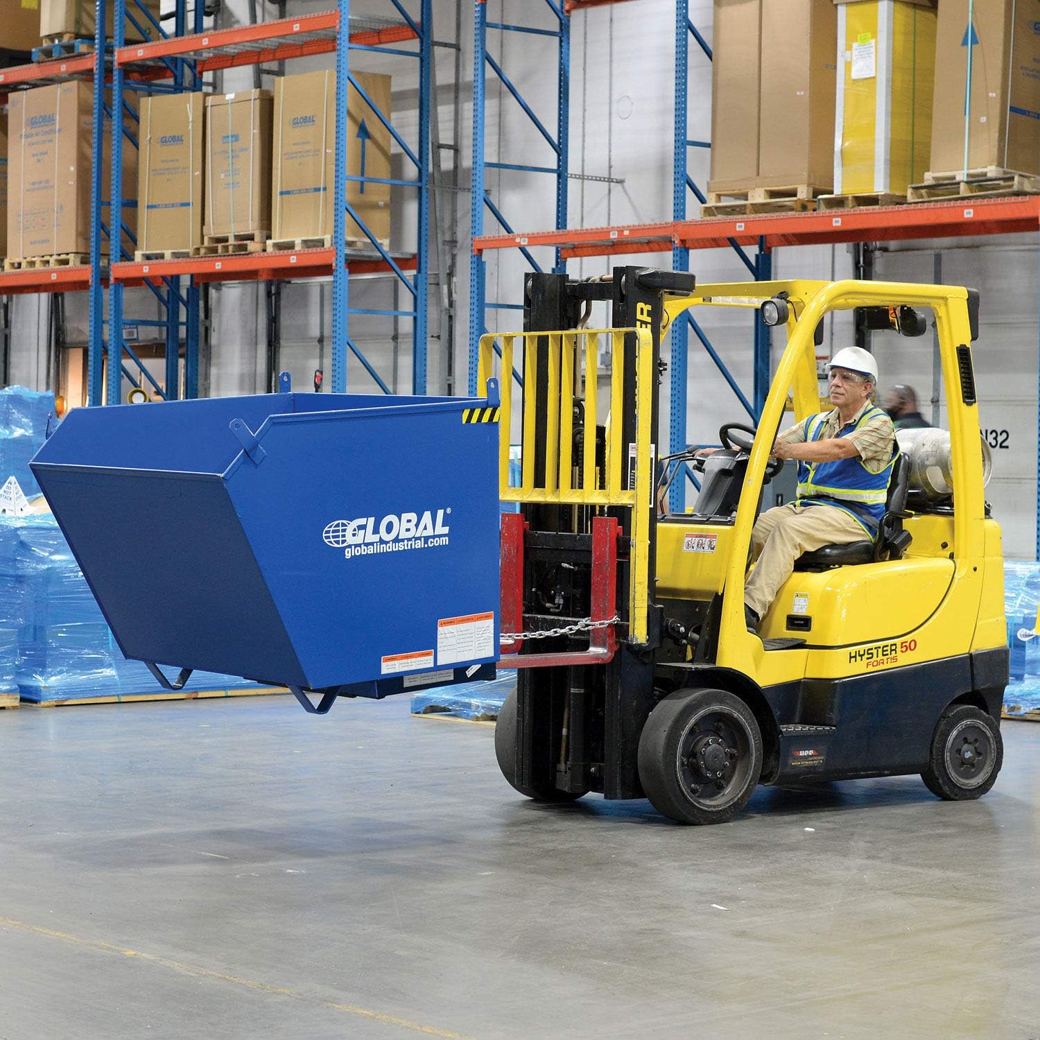 Global Industrial 1 Cubic Yard Low-Profile Self-Dumping Forklift Hopper, 6000 Lb. Capacity, Durable Steel Construction, Blue & Black, 51-1/4"L x 51" W x 28-3/16"H