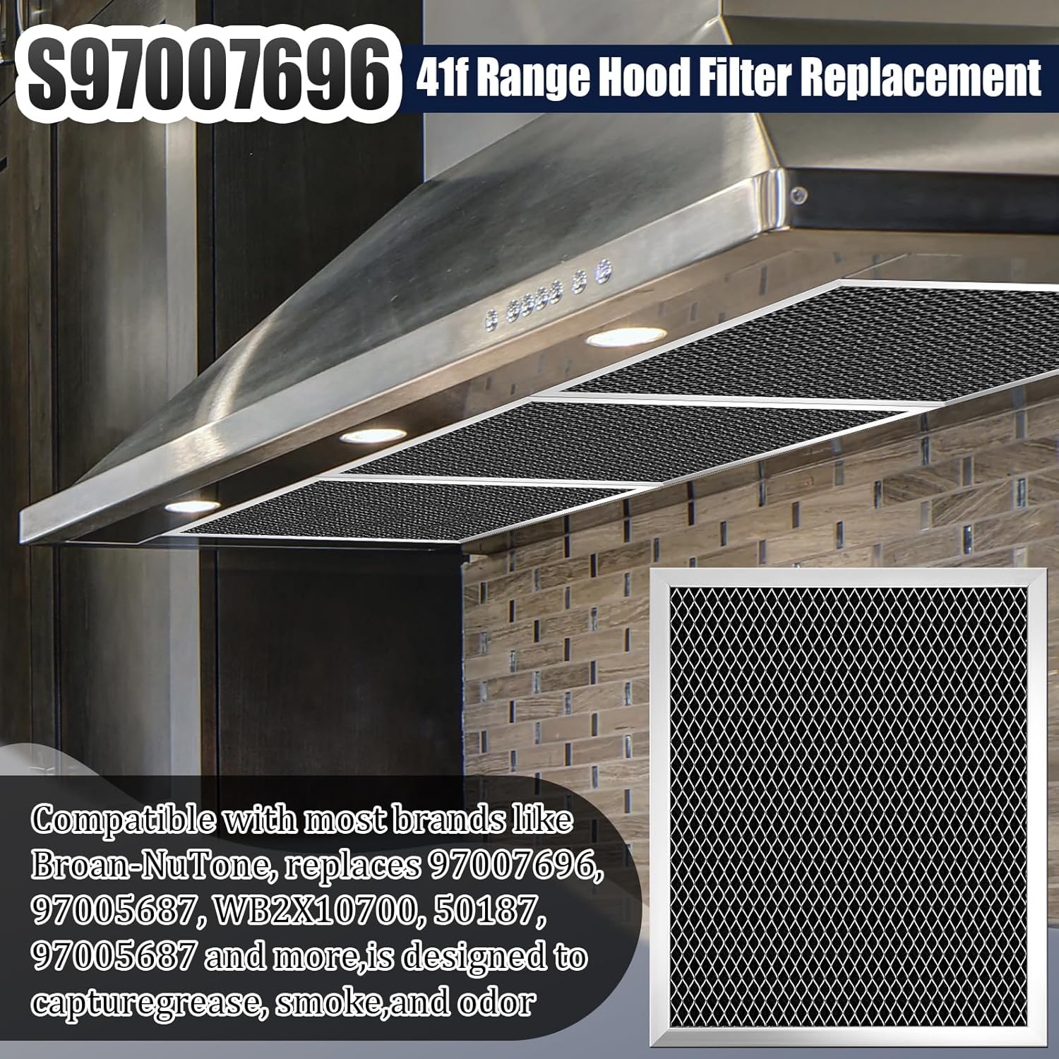 VIHOSE 97012248 Range Hood Fan Motor Replacement S99110437 99110437 Range Hood Light Lens Cover 97007696,97005687 Range Hood Grease Mesh Charcoal Carbon Combo Compatible with Broan Nutone 41000 Models