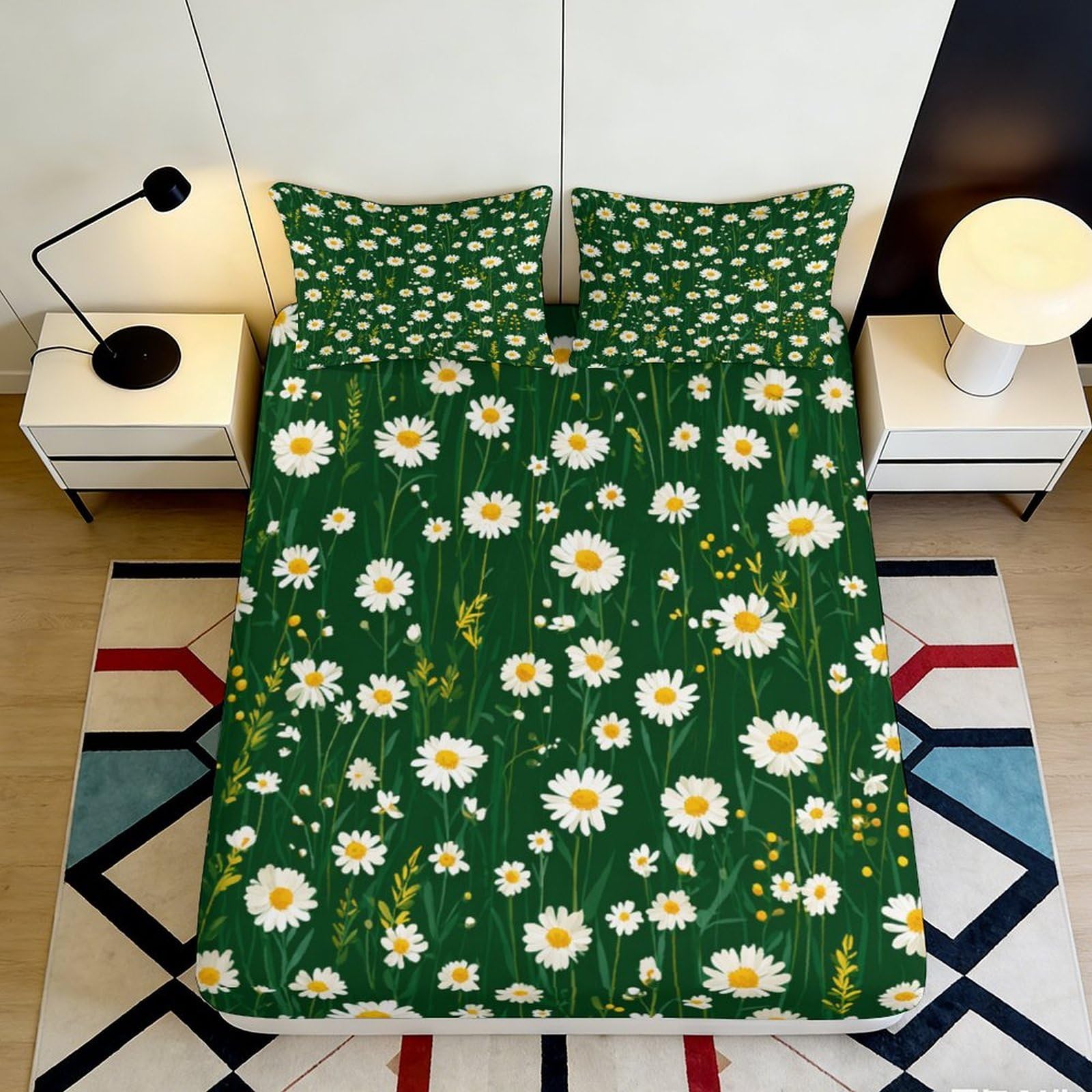 3D Printed Daisy Meadow Fitted Sheet Microfiber Soft Breathable Floral Bed Cover for Bedroom Guest Room Decor 90x200x25cm