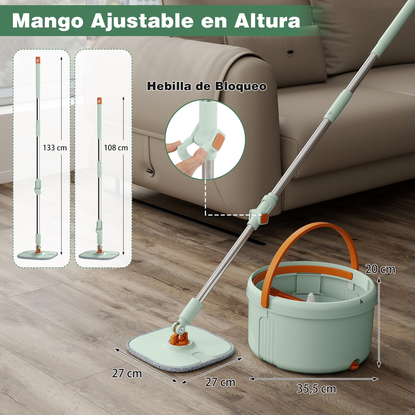 COSTWAY Juego de Fregona Mopa, con Cubo Escurridor, Fregona Autoescurrible, Fregona y Cubo para Suelo Plano con Paños de Microfibra Lavables, Sistema de Limpieza para Uso en Húmedo y Seco, Verde