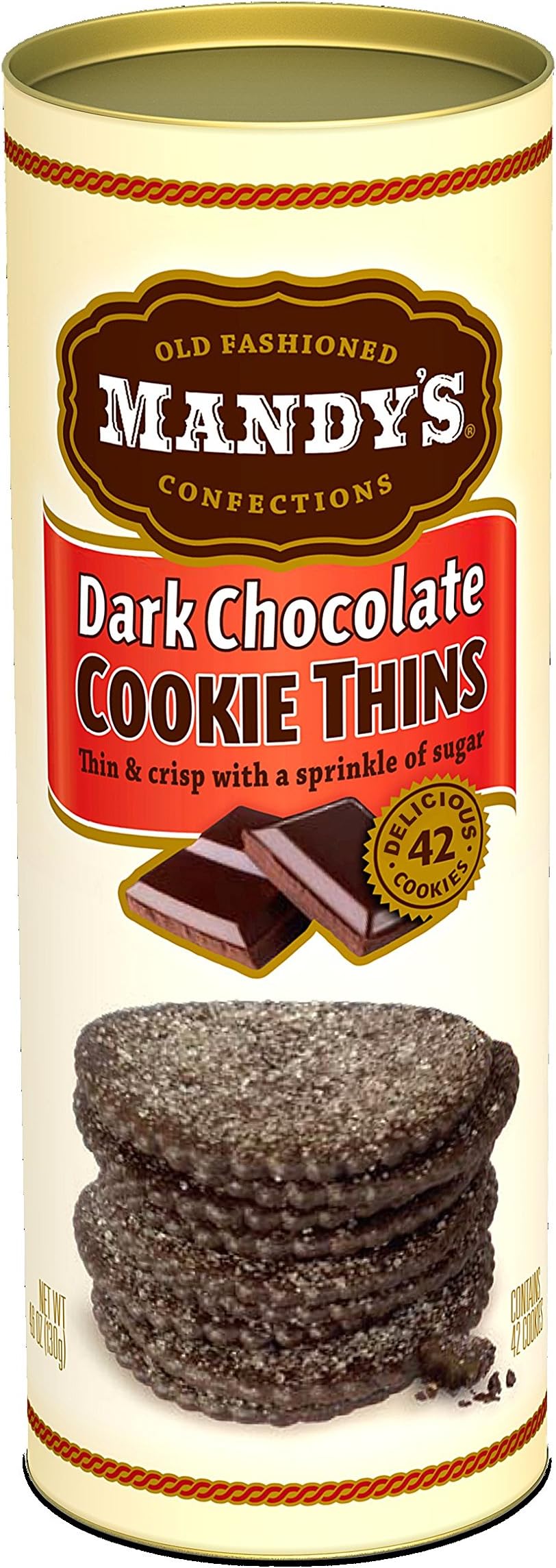 Mandy's Cookie Thins, Dark Chocolate Flavor, 4.6 Oz, Pack of 6, 42 Cookies, Light & Crispy, Made with Real Chocolate, Halal