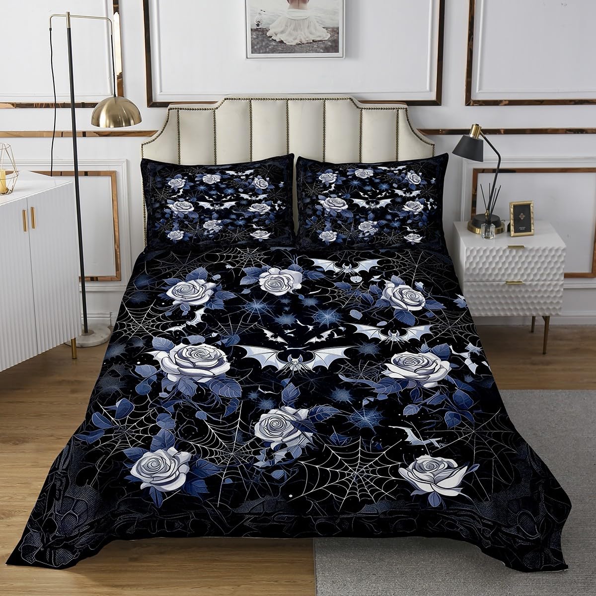 Feelyou Kids Rose Coverlet Set Queen Size, Spider Web Bedspread Halloween Decor Quilted Coverlet for Boys Girls Bat Quilted Room Decor with 2 Pillow Case