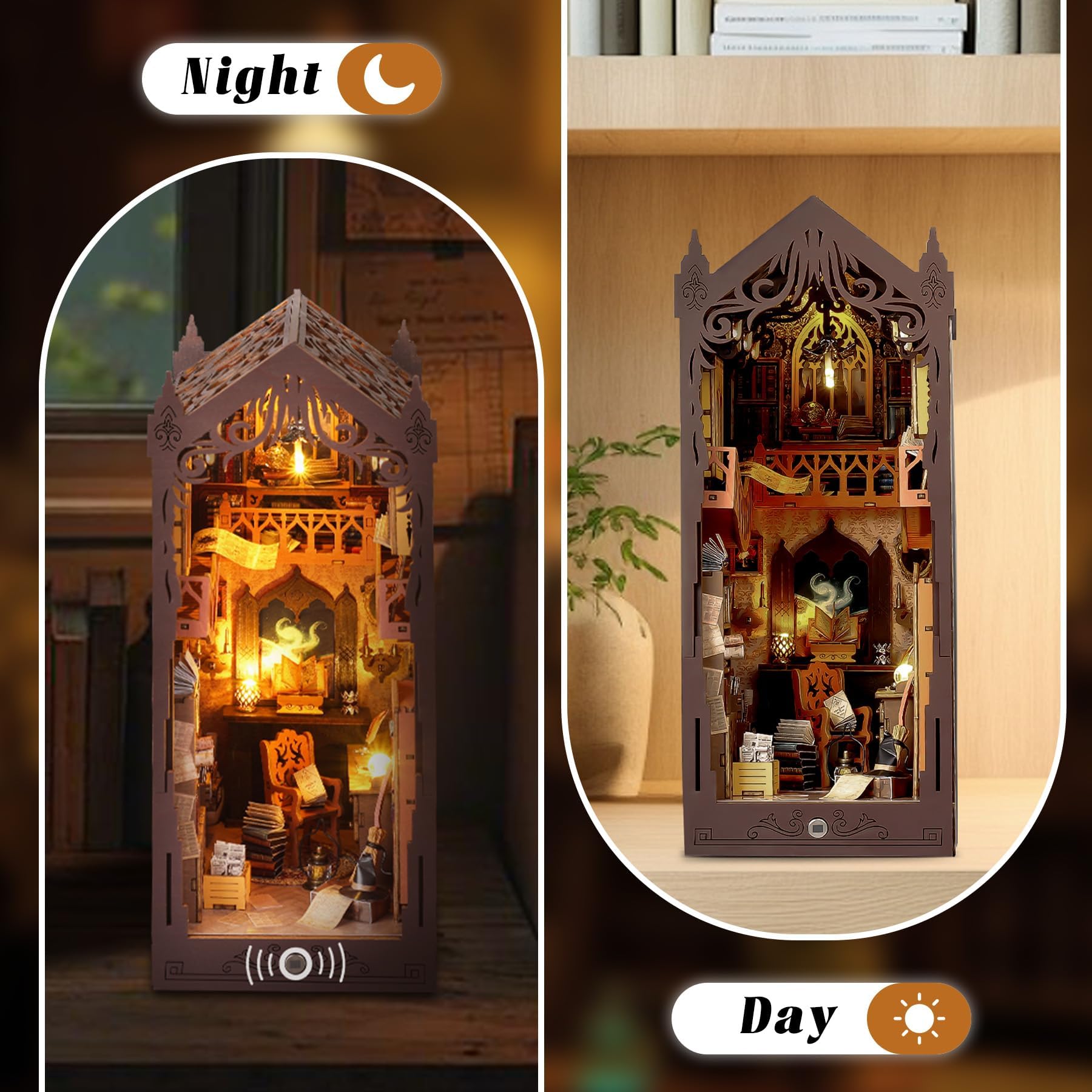Book Nook Kit, DIY Magic Bookstore Book Corner Kit with LED Light 3D Wooden Puzzle Bookshelf Decor - Library - Image 4