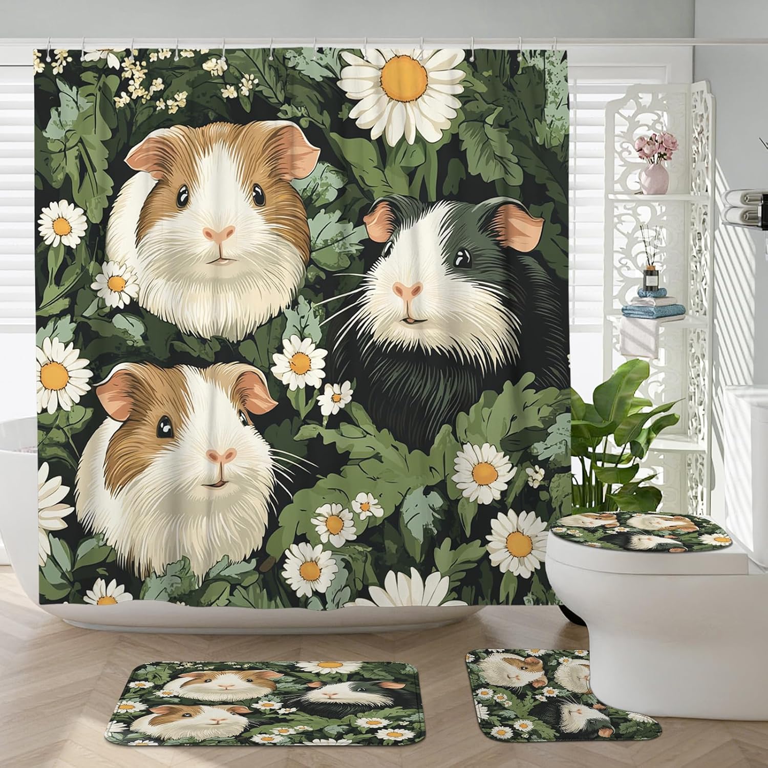 4PCS Fun Guinea Pig Pet Shower Curtain Sets with Non-Slip Rug, U Shape and Toilet Lid Cover Mat, Cartoon Kid Daisy Bath Decor, Bathroom Accessory with Hooks