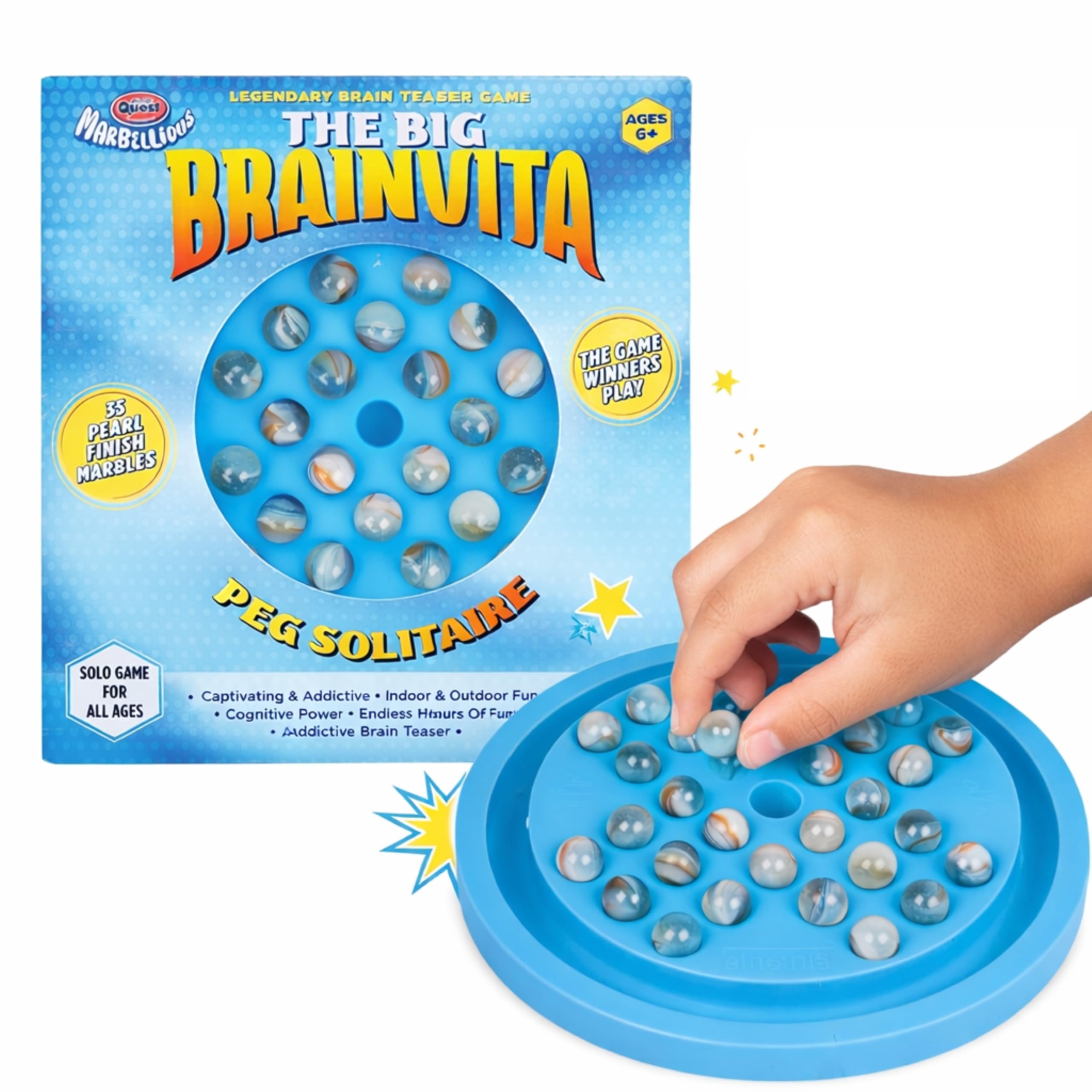 Brainvita Nano Board Game for Kids & Adults | Mind Challenging Marble Solitaire | 33 Pearl Finish Marbles, Strategy Puzzle | Classic 90s Kids Toy Set | Single Player Game, Ages 5+-image-36
