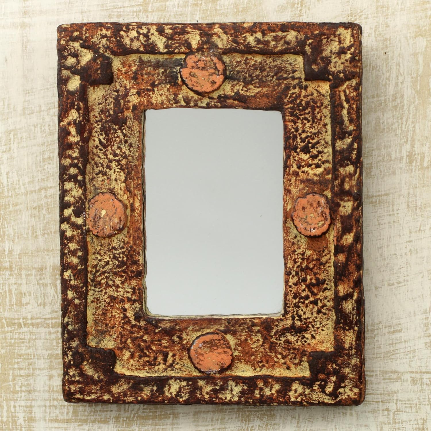 NOVICA Rustic Sese Wood and Sand Wall Mounted Rectangular Mirror, 'Hand of The Lord'