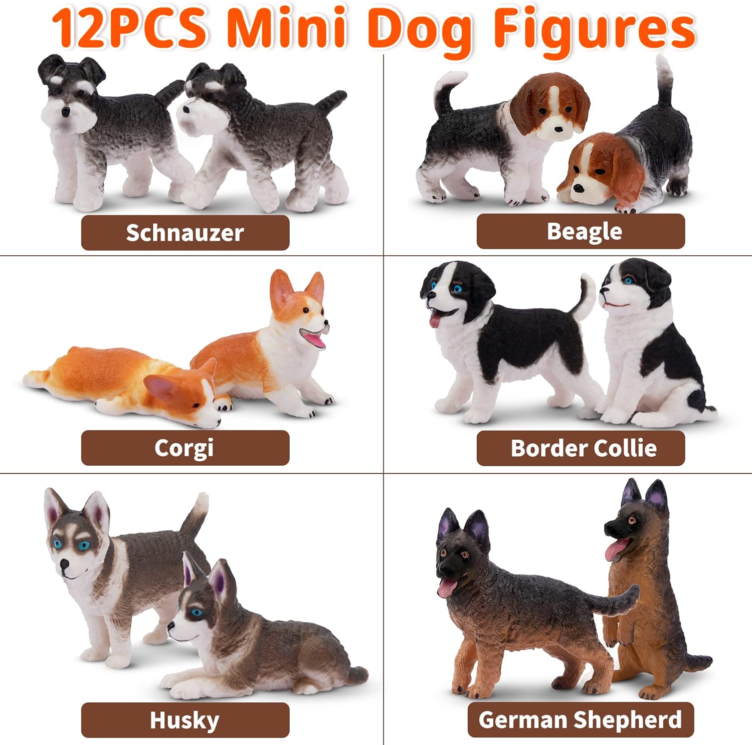 12PCS Dog Figurines Playset, Realistic Detailed Plastic Puppy Figures, Hand Painted Mini Dog Figures Toy Set Cake Toppers Easter Egg Birthday Gift for Kids Toddlers
