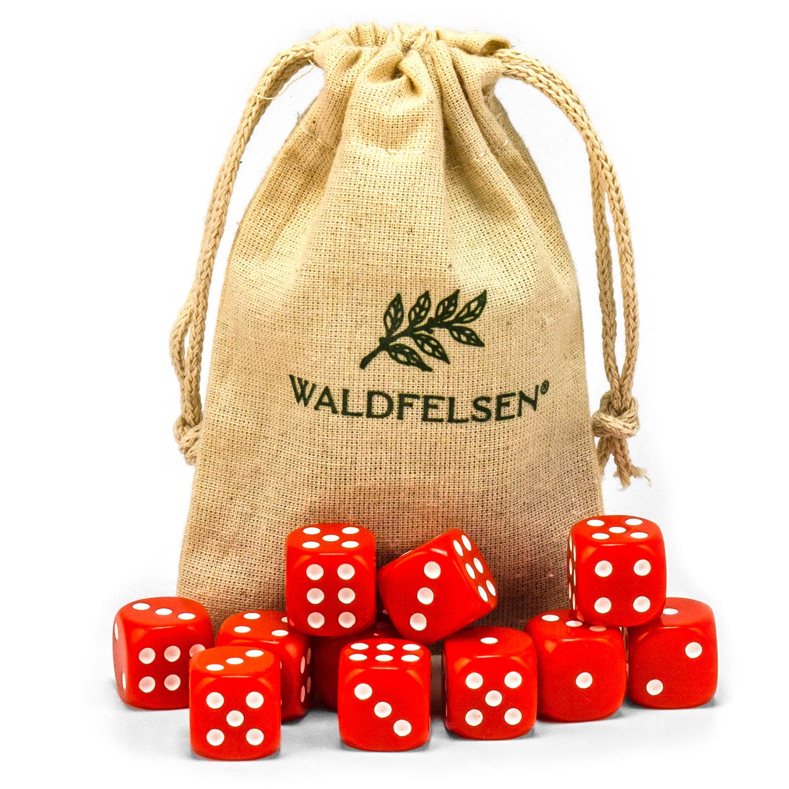Waldfelsen 6, 12, 20, 30 or 50 High Quality Dice Standard Size 16 mm Acrylic Dice Puzzle Game Cube Dice 6-Sided Six Sided Game Accessories Set with Fabric Bag (Red, 12 Pieces)