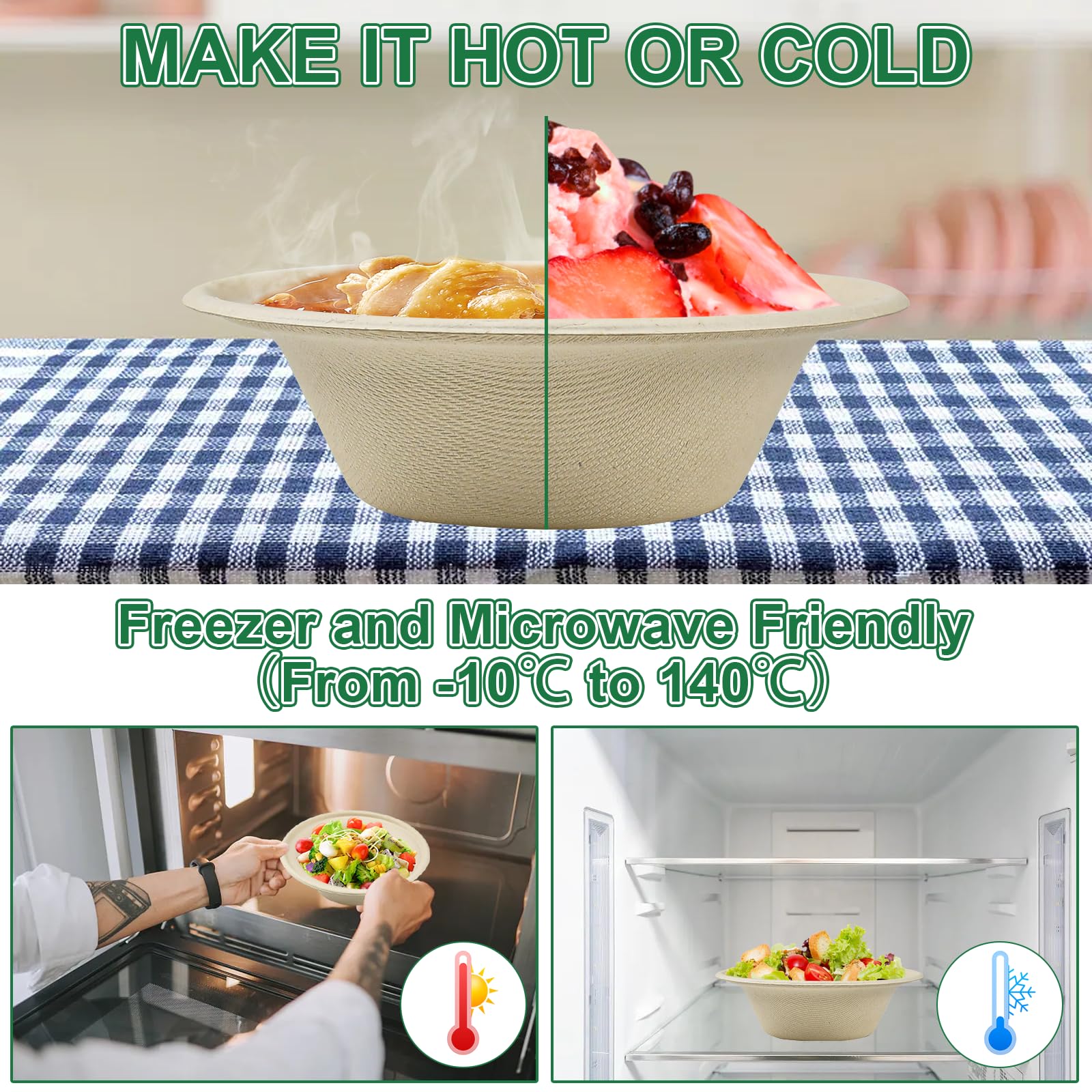 100 ciotole monouso da 340 ml, ciotole monouso in bagassa di canna da zucchero, Ciotole di Carta compostabili, ciotole per zuppa biodegradabili per cibo caldo e freddo