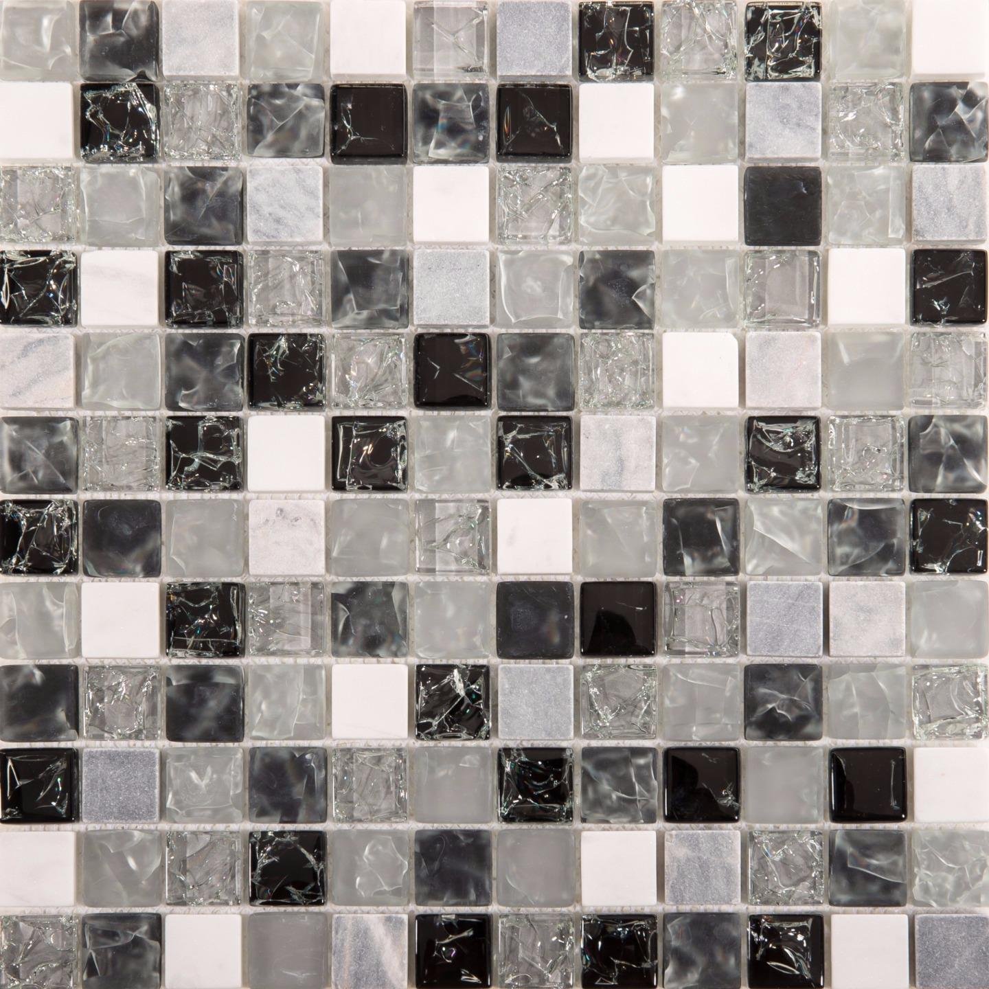 Black & Grey Crackled Glass & Stone Mixed Bathroom Kitchen Mosaic Tiles Sheet (MT0152) (1 Sheet)
