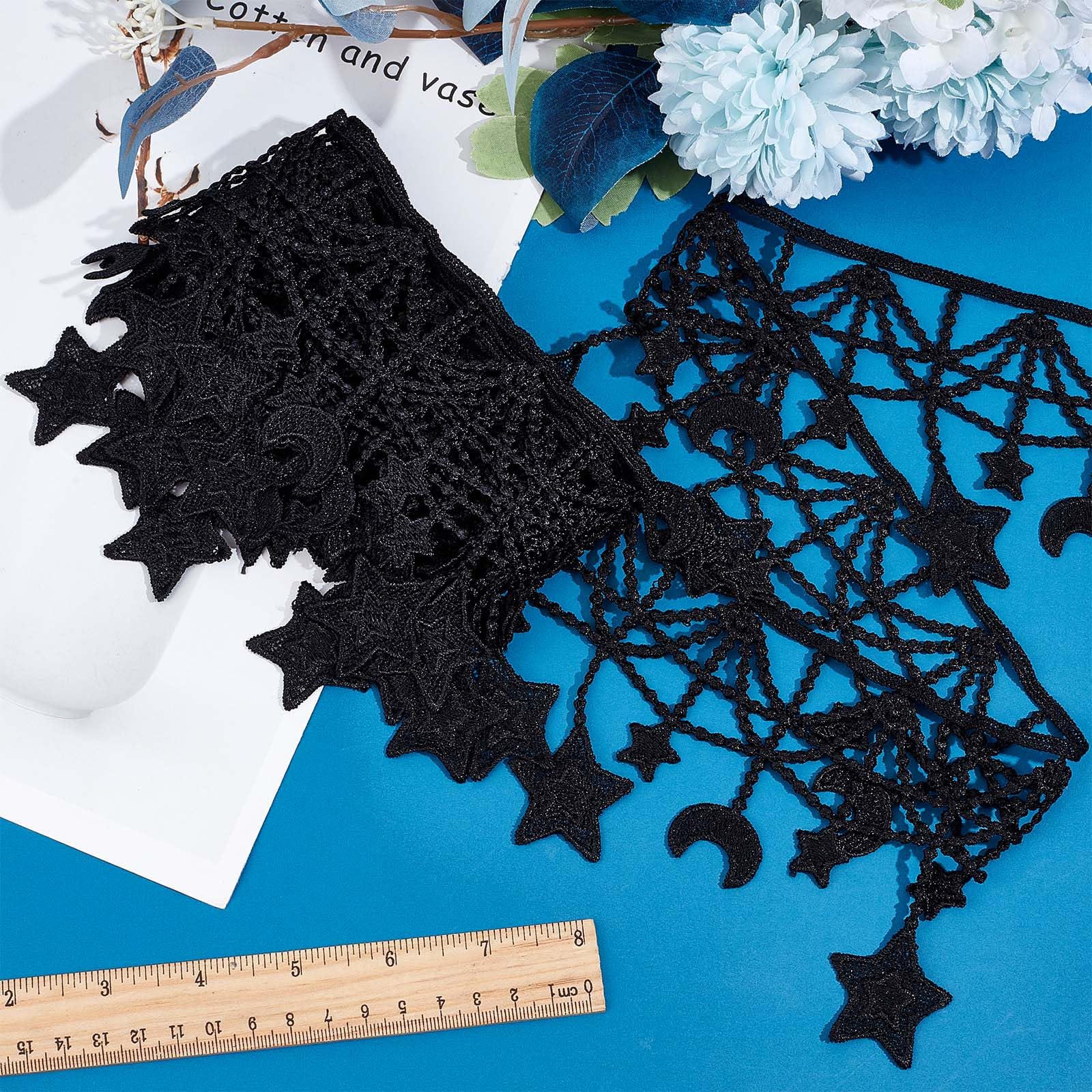 GORGECRAFT 3 Yards Black Embroidered Lace Trim Ribbon MoonStar Venice Floral Sewing Crochet Lace Fabric Embroidery Wedding Applique Patch Sticker for DIY Crafts Sewing Gift Wrapping 4.3 Inch Width