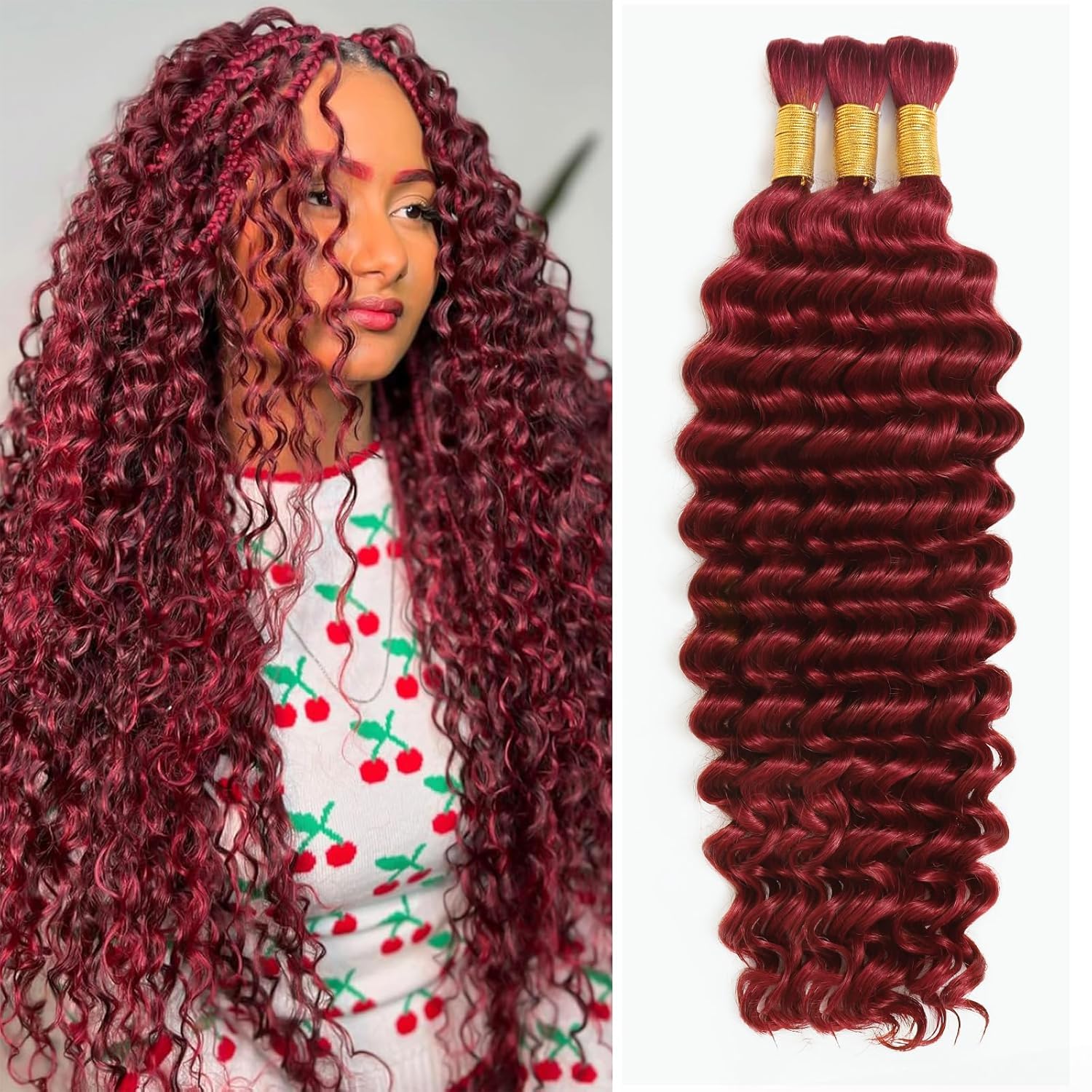 Human Braiding Hair for Boho Braids 110g Deep Wave Boho Bulk Human Hair for Braiding Knotless 12A Wet and Wavy Bohemian 3 No Weft Bundles/Pack Curly Braids Burgundy 16 Inch
