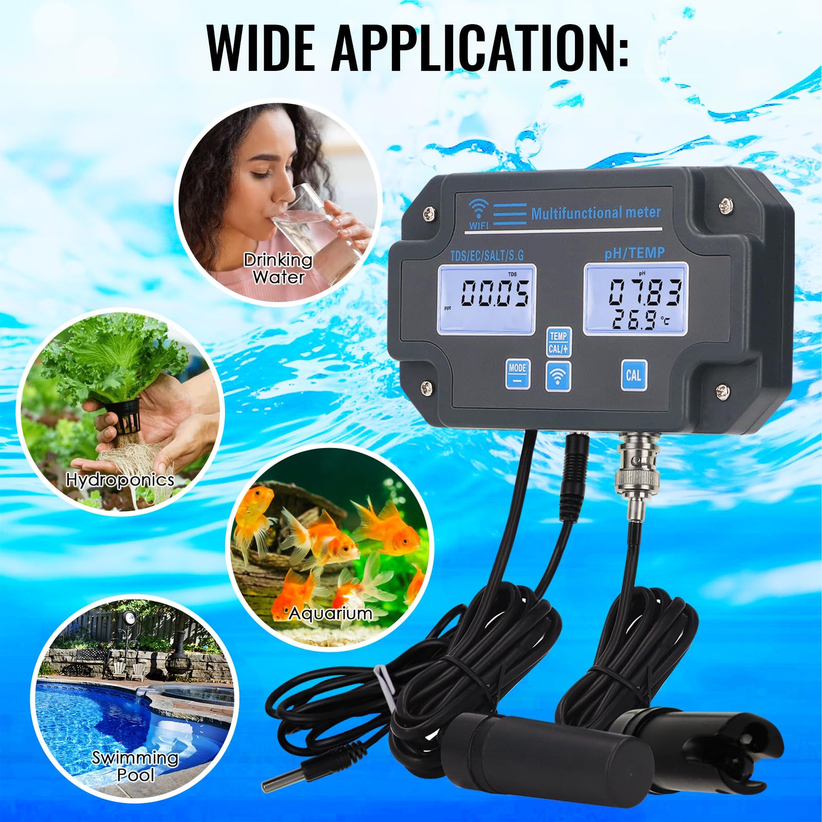 Probador de calidad de agua WLAN, monitor de pH 6 en 1, mide pH/EC/TDS/salinidad/peso y temperatura, monitoreo de aplicaciones en línea las 24 horas y almacenamiento de curvas de datos, medidor de pH