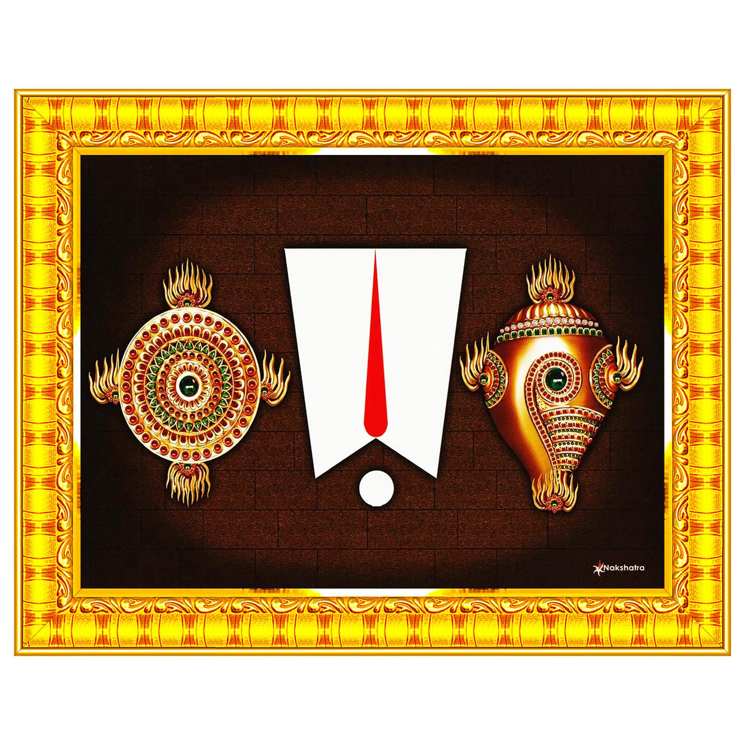 Pavan Photo Laminations Shanku Chakra Shank Chakram Wall Painting Framed Home Decor (Wood,Matte,Gold,Small Size,6 x 8 Inch) R427S