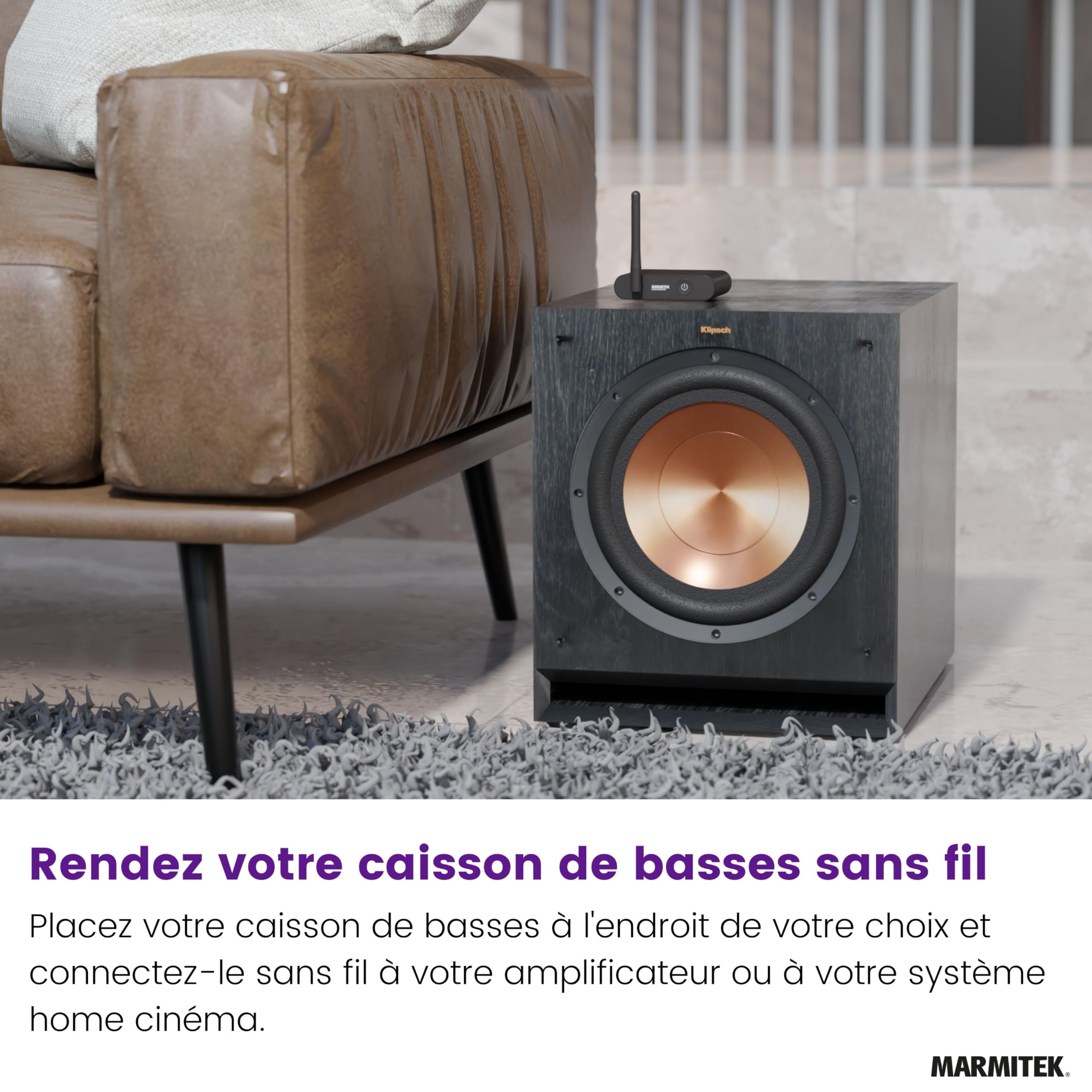 Marmitek WS400 - Kit subwoofer sans Fil pour Caisson de Basses Actif | Transmission numérique RCA/LFE 2,4 GHz pour caisson de basses sans fil, faible latence, home cinéma, Plug & Play et USB-C