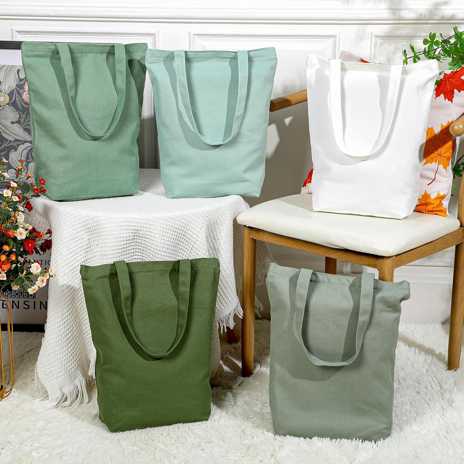 Reginary Reusable Canvas Grocery Shopping Tote Bag Bulk with Zipper Employee Staff Appreciation Gift for Valentine Galentine(Green,White,5 Pcs) - Image 4