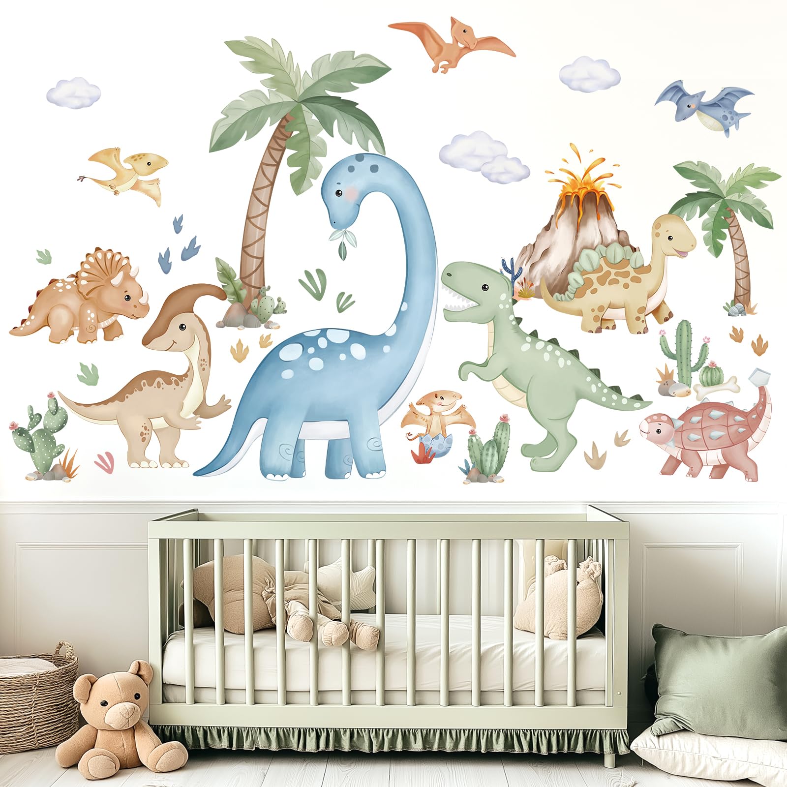 Pegatinas de pared de dinosaurios bohemios grandes de Wonderever, con acuarela, dinosaurios, plantas tropicales, volcán, despegables y pegables, para habitación de bebé, habitación de niños, sala de juegos