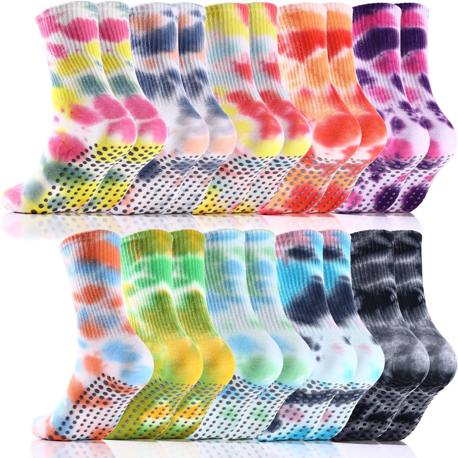 10 Pairs Tie Dye Socks for Women Pilate Yoga Socks Non Skid with Grip Colorful Cushioned Soft Cotton
