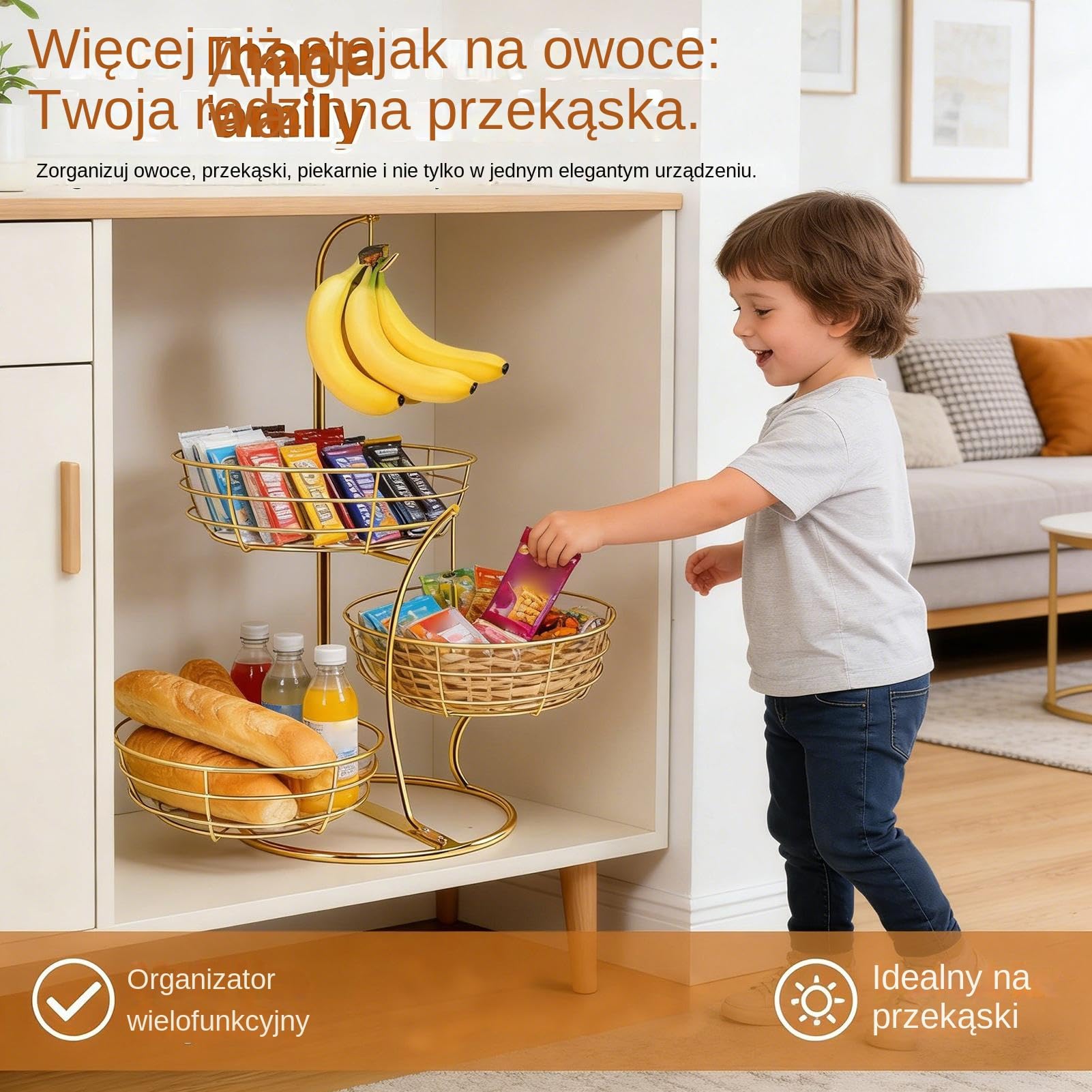 Pojemnik na owoce 3-poziomowy metalowy z wieszakiem na banany