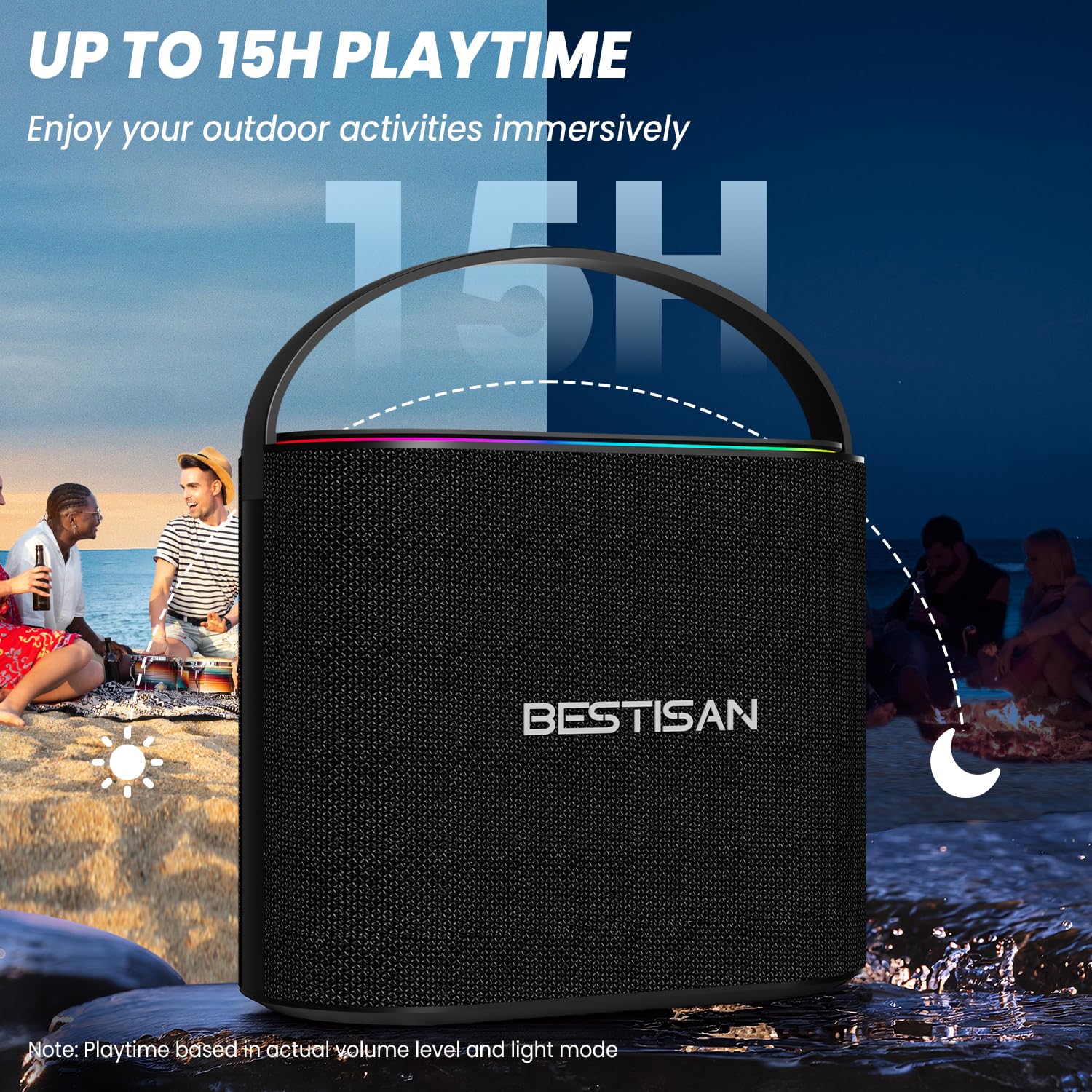 BESTISAN Altavoz Bluetooth de 2.1 canales, altavoz portátil de 90 W máximo, 6 modos de luces RGB, subwoofer de graves profundos de 50 W, TWS, AUX, reproducción de disco USB, llamada manos libres