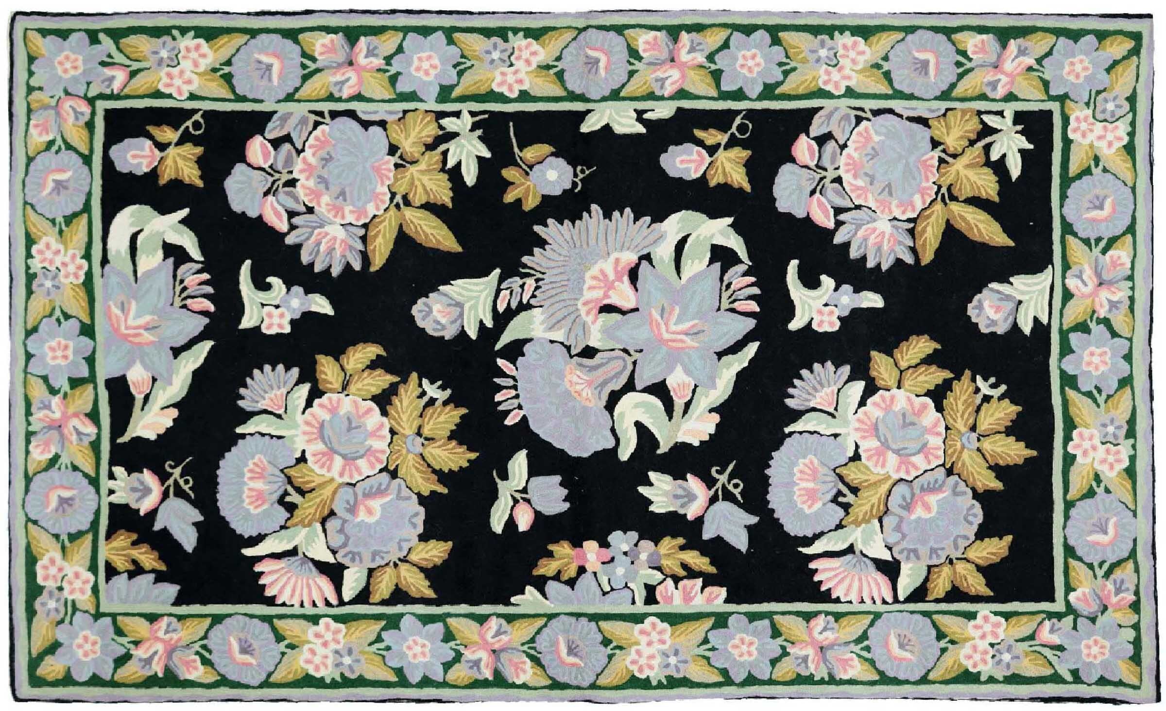 Tapis de sol motif fleurs noir tissé main 90x150cm rectangulaire