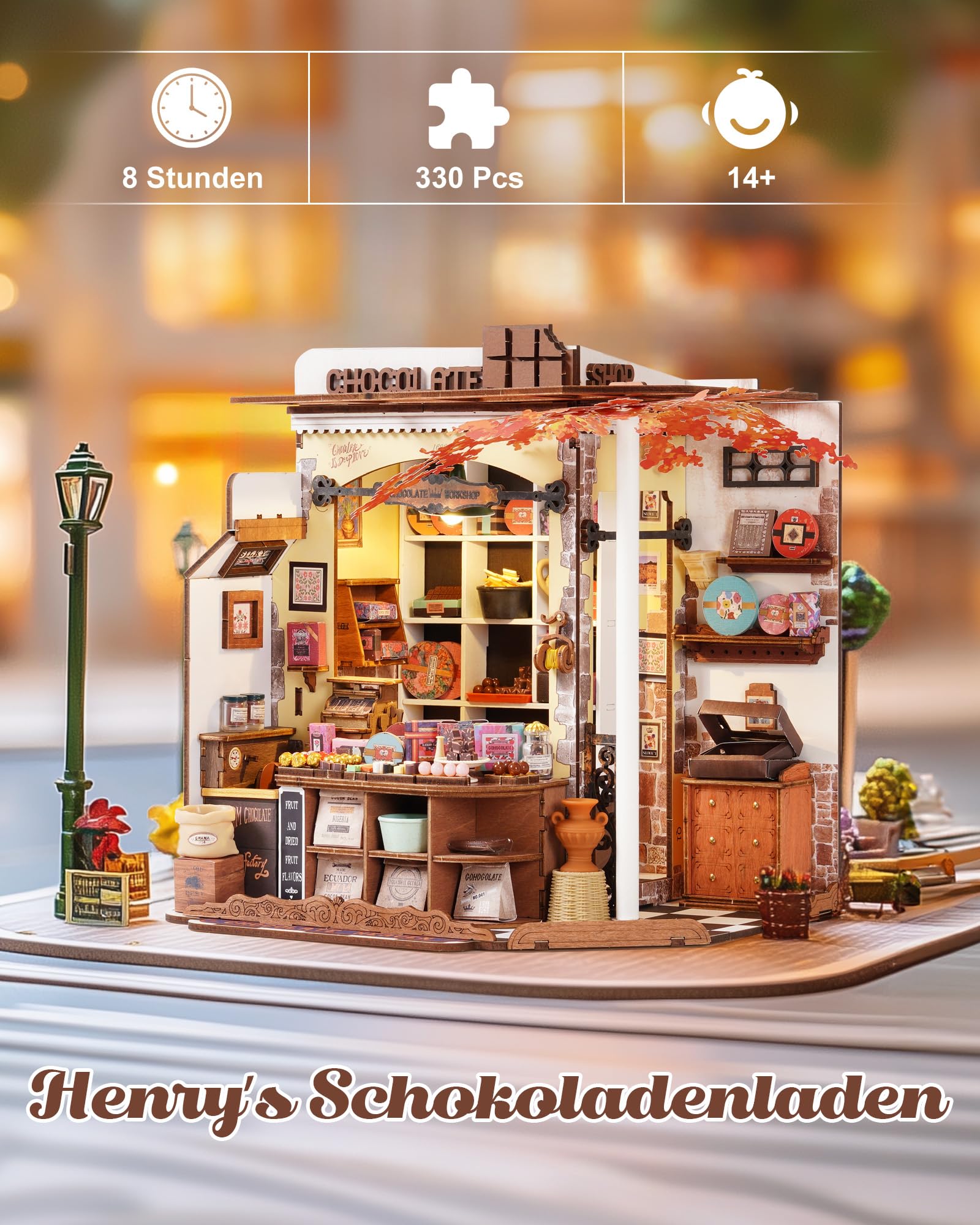 Rolife Miniatur Haus Henrys Schokoladenladen, 330-teiliges Mini Haus Selber Bauen Bastelset Erwachsene für Jugendliche Kein Kleber erforderlich, Puppenhaus Tiny House Bausatz 3D Puzzle Book Nook