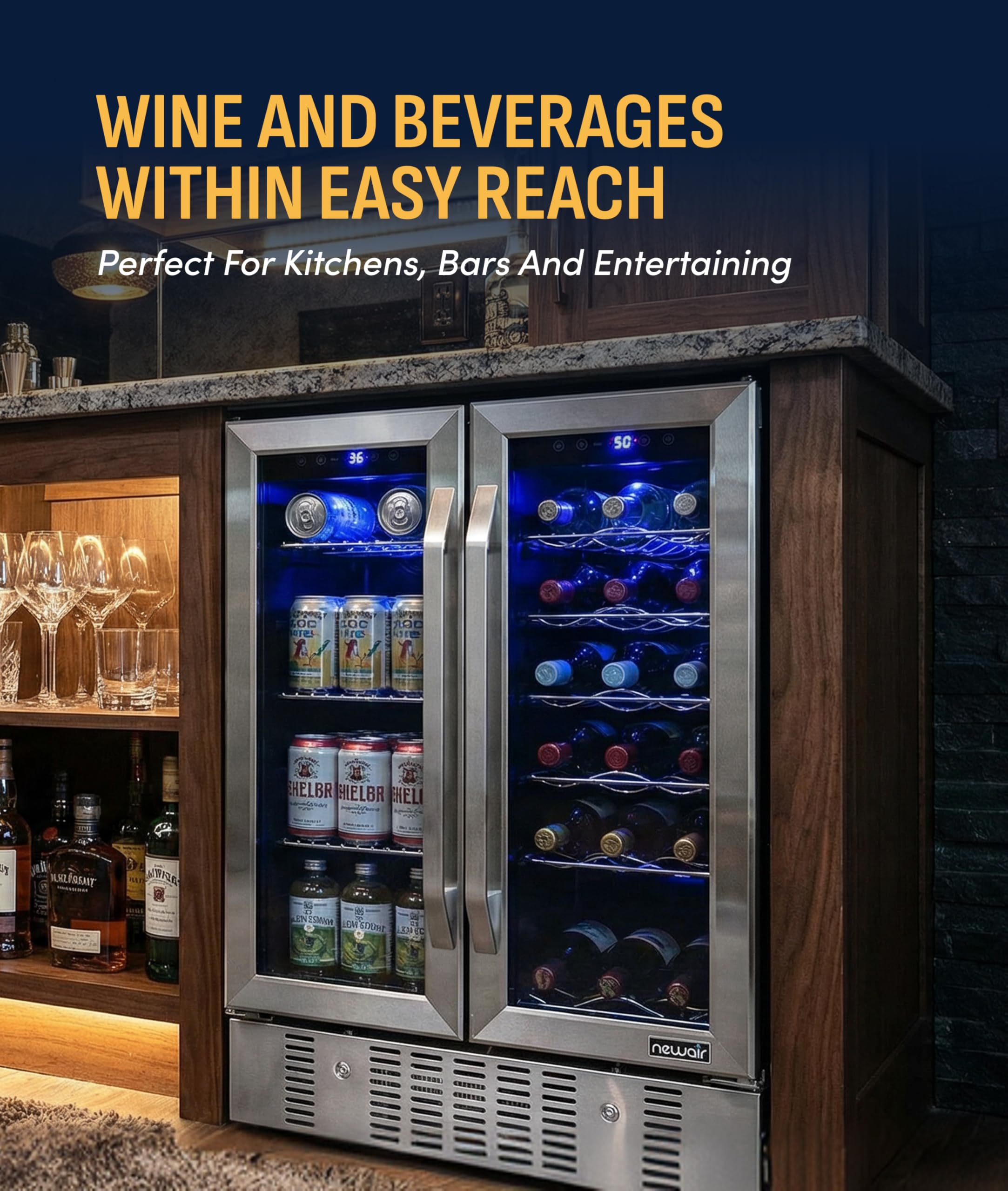 NewAir 24" Dual Zone Beverage Refrigerator & Wine Cooler for 18 Bottles & 60 Cans | Freestanding or Built-In Under Counter Mini Fridge for Beer, Wine and Soda | Stainless Steel on Fridge.com