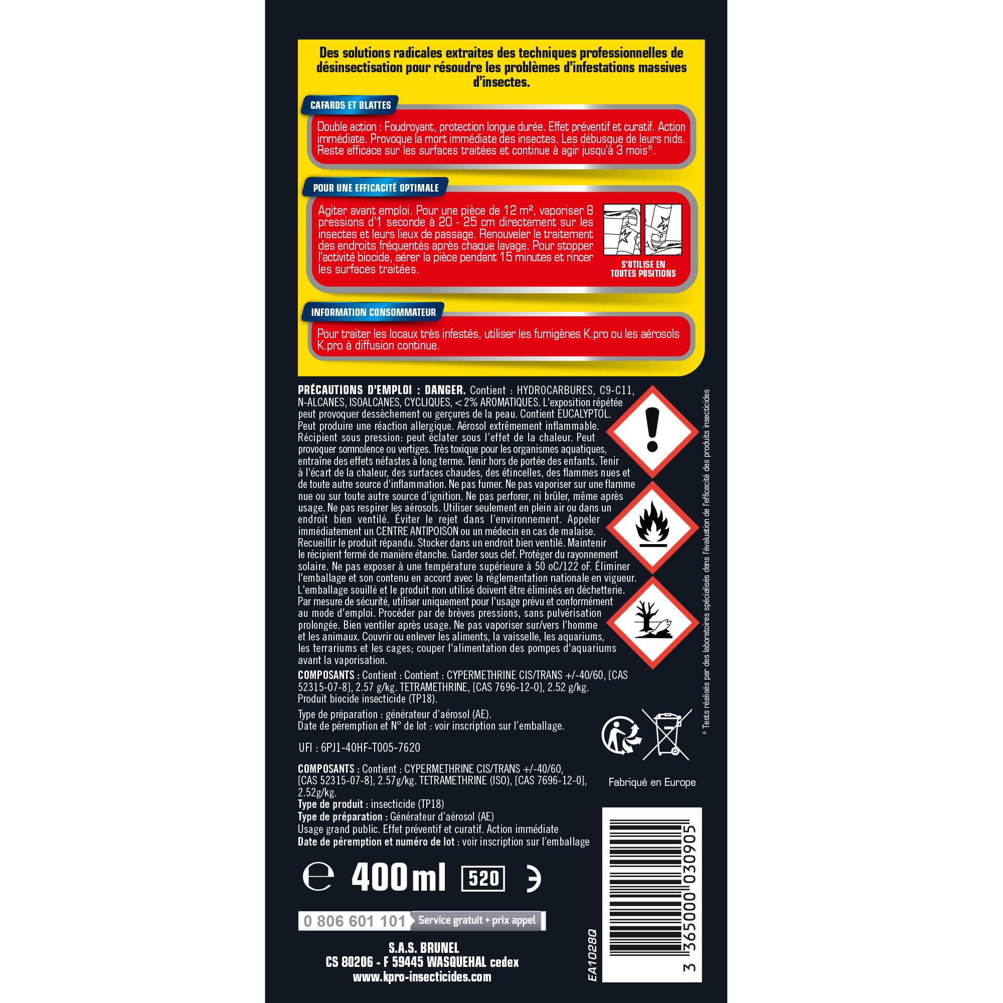 K.PRO Aérosol foudroyant cafards et blattes, 400ml, action foudroyante et immédiate, jusqu'à 3 mois de protection, utilisable tête en bas, technique professionnelle