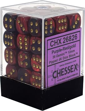 Chessex 12mm Gemini Purple, Red & Gold Polyhedral Dice Set Compatible with Dungeons & Dragons, Pathfinder & Other Tabletop RPGs Includes 36 D6 Dice CHX26826