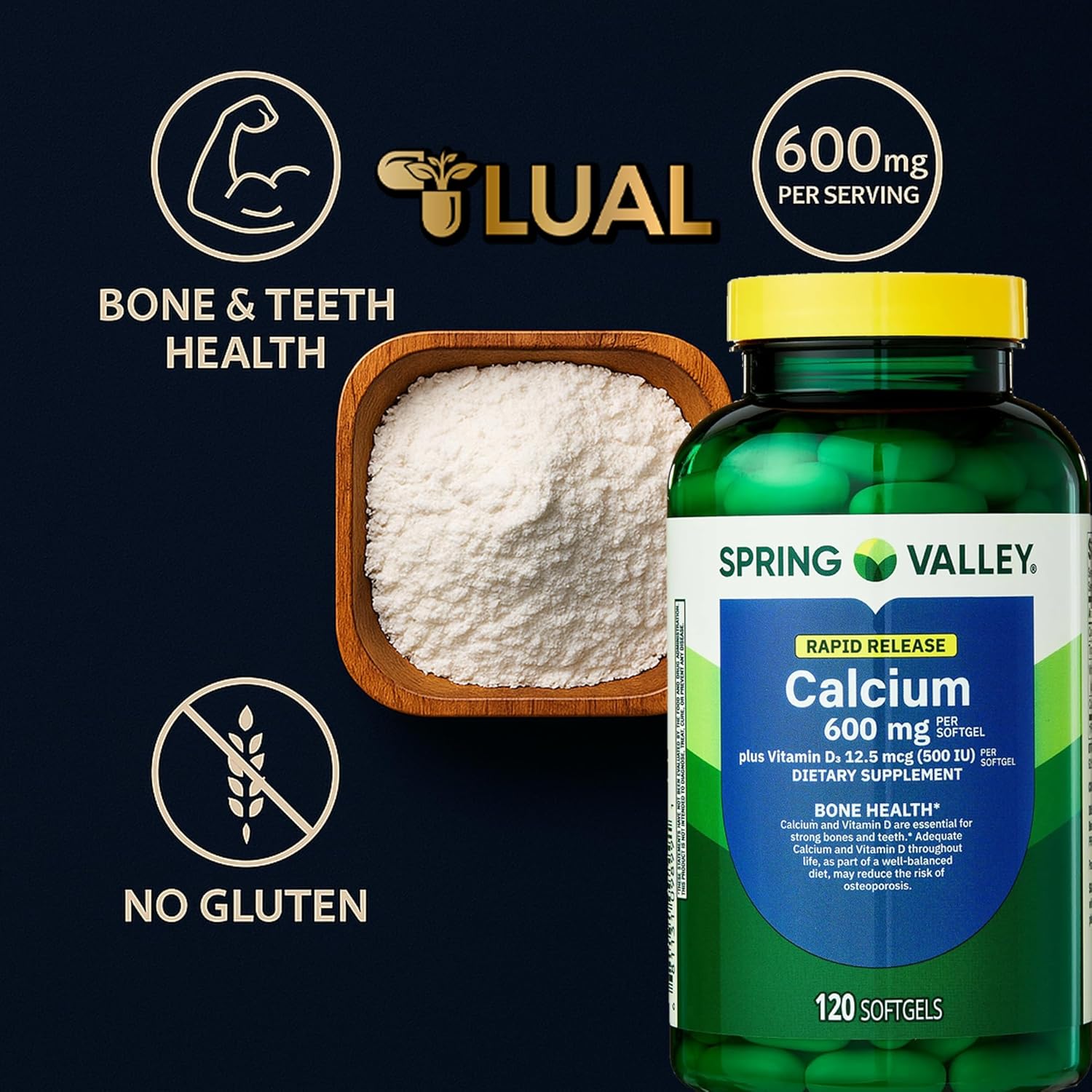Spring Valley Calcium 600 mg + Vitamin D3, 120 Softgels, Bone Health, Strong Teeth & Osteoporosis Support, Rapid-Release Capsules, Gluten-Free Supplement Bundle with Luall's 45 Diabetes Decoded