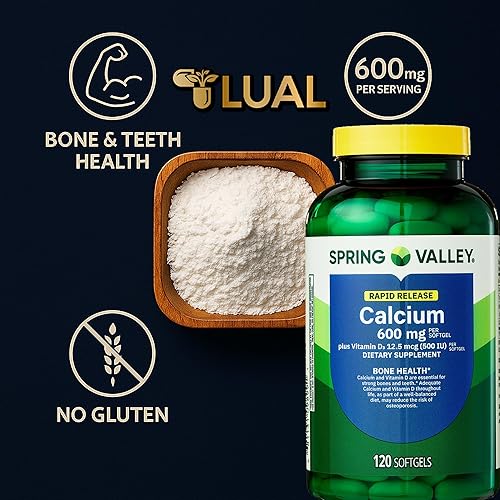 Miniatura 5 de Spring Valley Calcio 600 mg + vitamina D3, 120 cápsulas blandas, salud ósea, dientes fuertes y apoyo para la osteoporosis, cápsulas de liberación