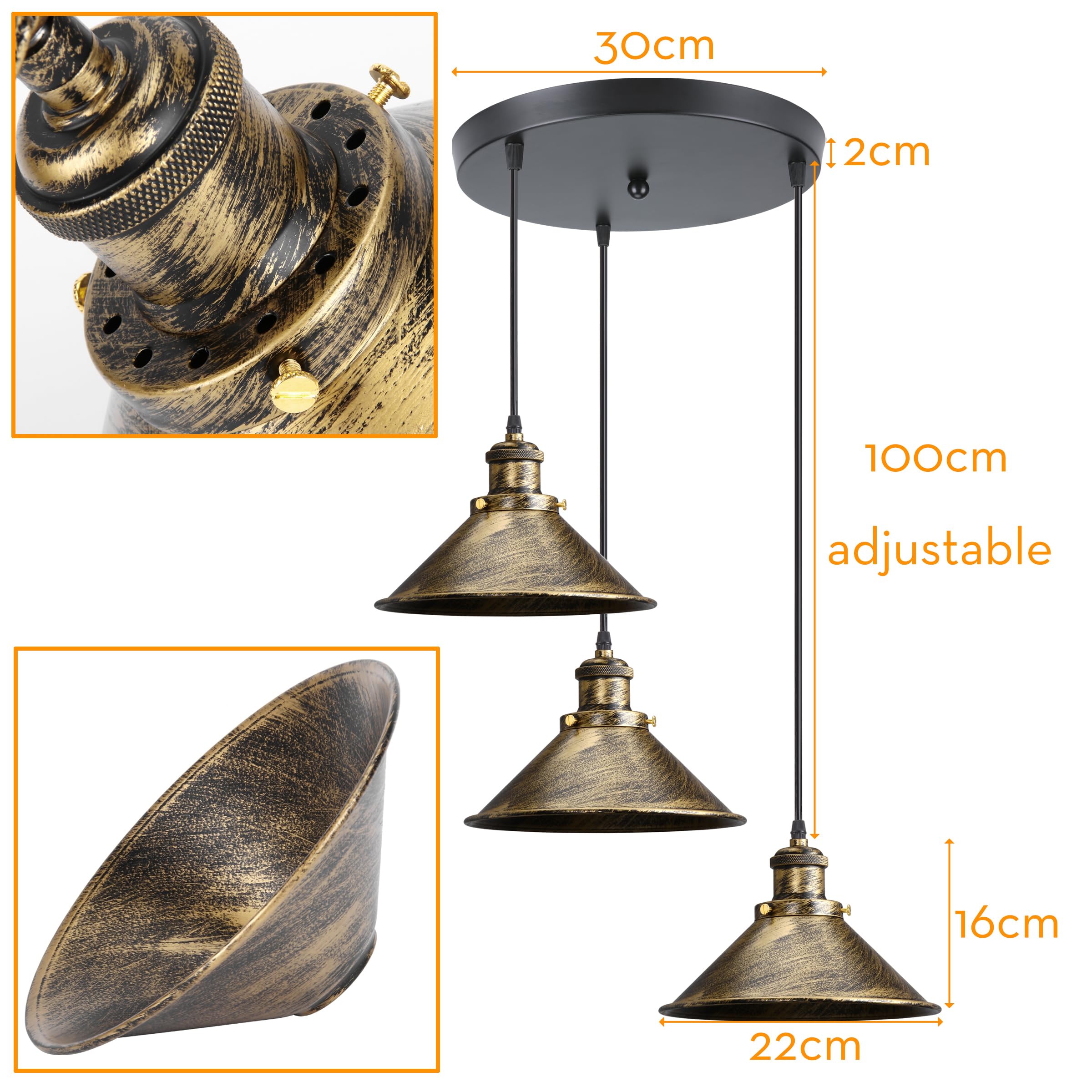 iDEGU 3 wiszące lampy przemysłowe Retro żyrandol sufitowy design Edison metalowa lampa vintage do jadalni, salonu, sypialni, baru, kuchni (22 cm, koło, brąz)