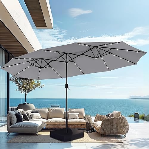 PHI VILLA 15ft Large Patio Umbrella with Solar Lights, Double-Sided Outdoor Market Rectangle Umbrellas with 36 LED Lights, Umbrella Base (Stand) Included, Light Grey