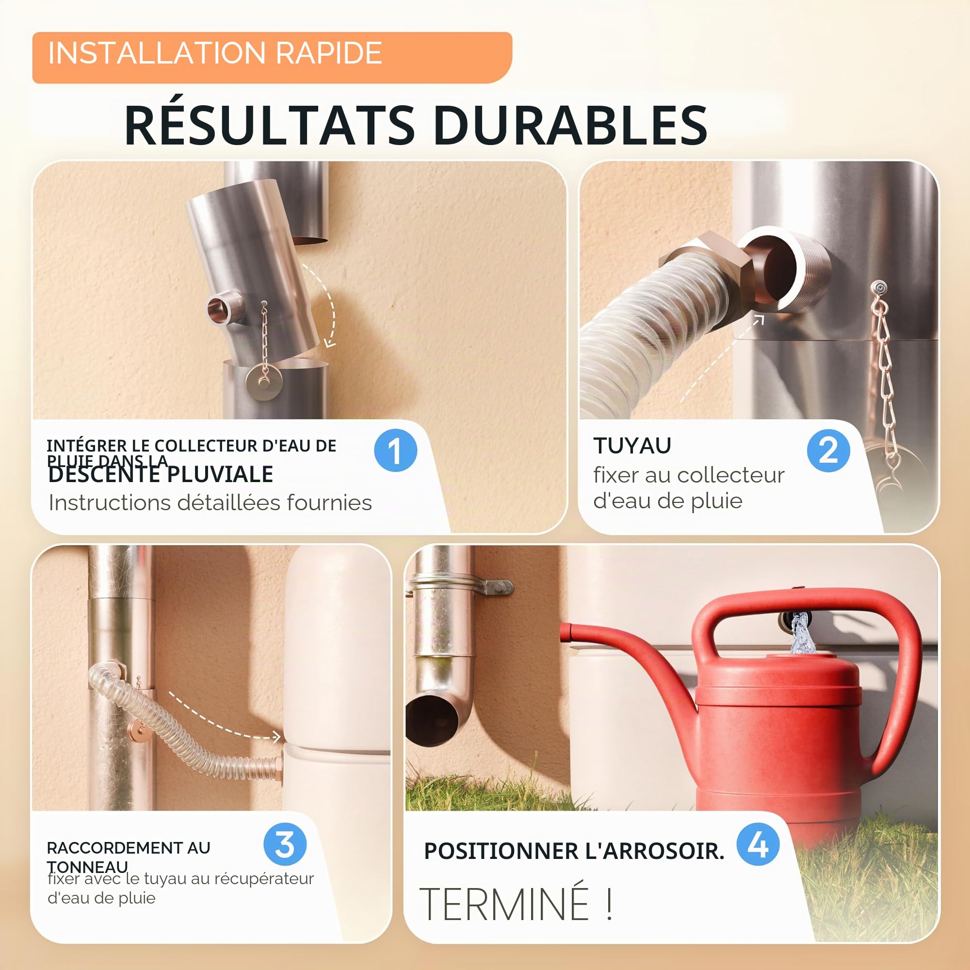 Collecteur d'eau de pluie avec tamis pour tuyaux de descente de 80 mm | Rendement augmenté | Acier inoxydable | Tuyau long de 0,5 m + raccord de tonneau | Collecteur de pluie pour tuyau de descente |