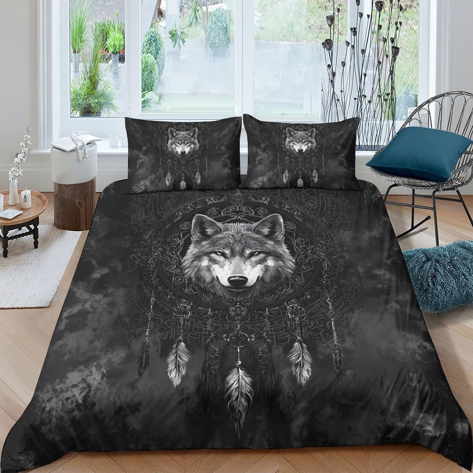 Ctjqhvkz Style-3 3D Printed Wolf Dreamcatcher Fitted Sheet Microfiber Soft Black Bed Sheet Bedroom Decor Anti-Slip Easy Care Single（135X200cm）