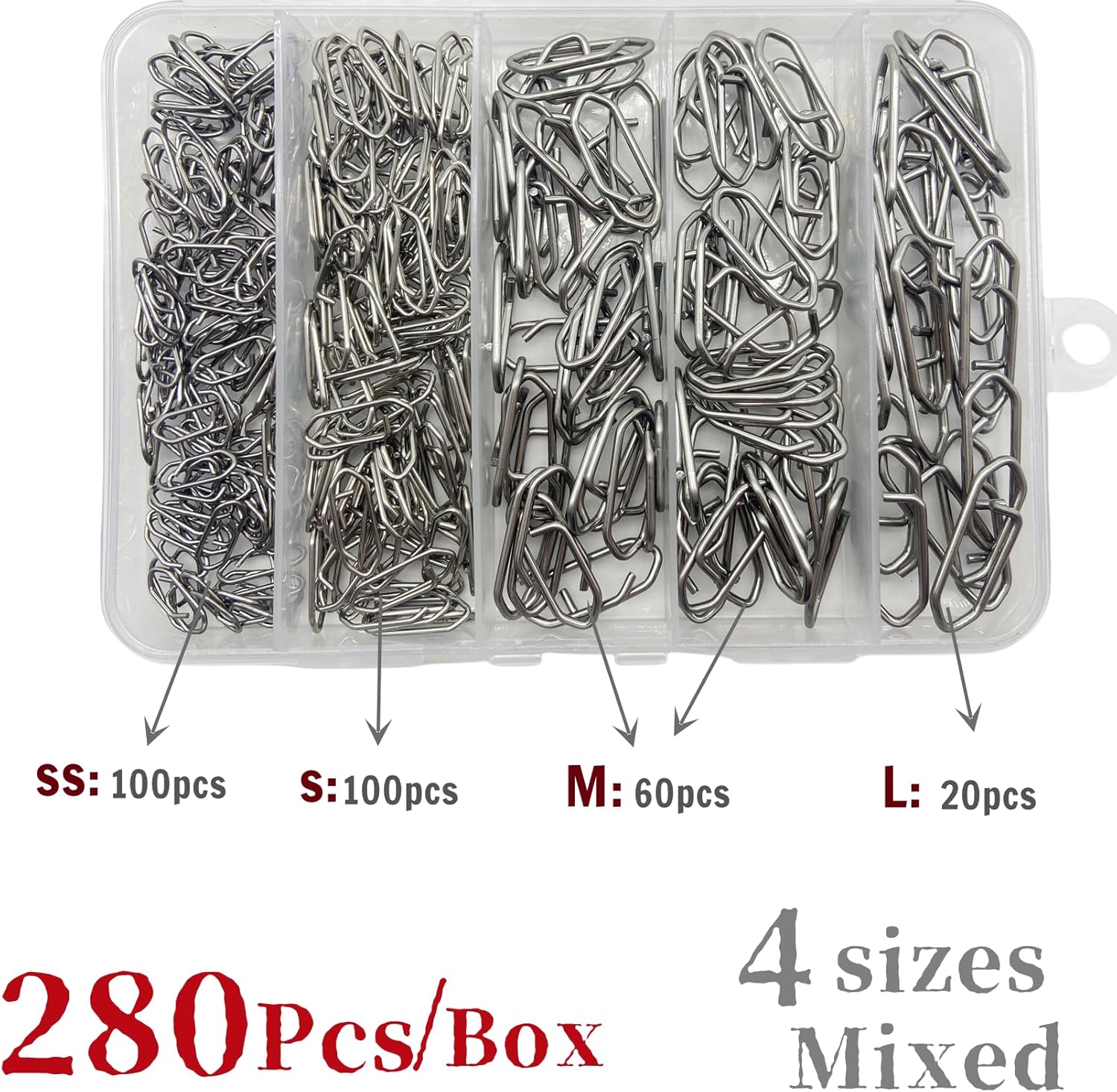 280Pcs/Box Stainless Steel Fishing Power Speed Clips (SS:100Pcs,S:100Pcs,M:60Pcs,L:20Pcs) High Strength Fishing Connector Swivels Snaps for Quick Change Lure Tackle Saltwater Freshwater - Image 2