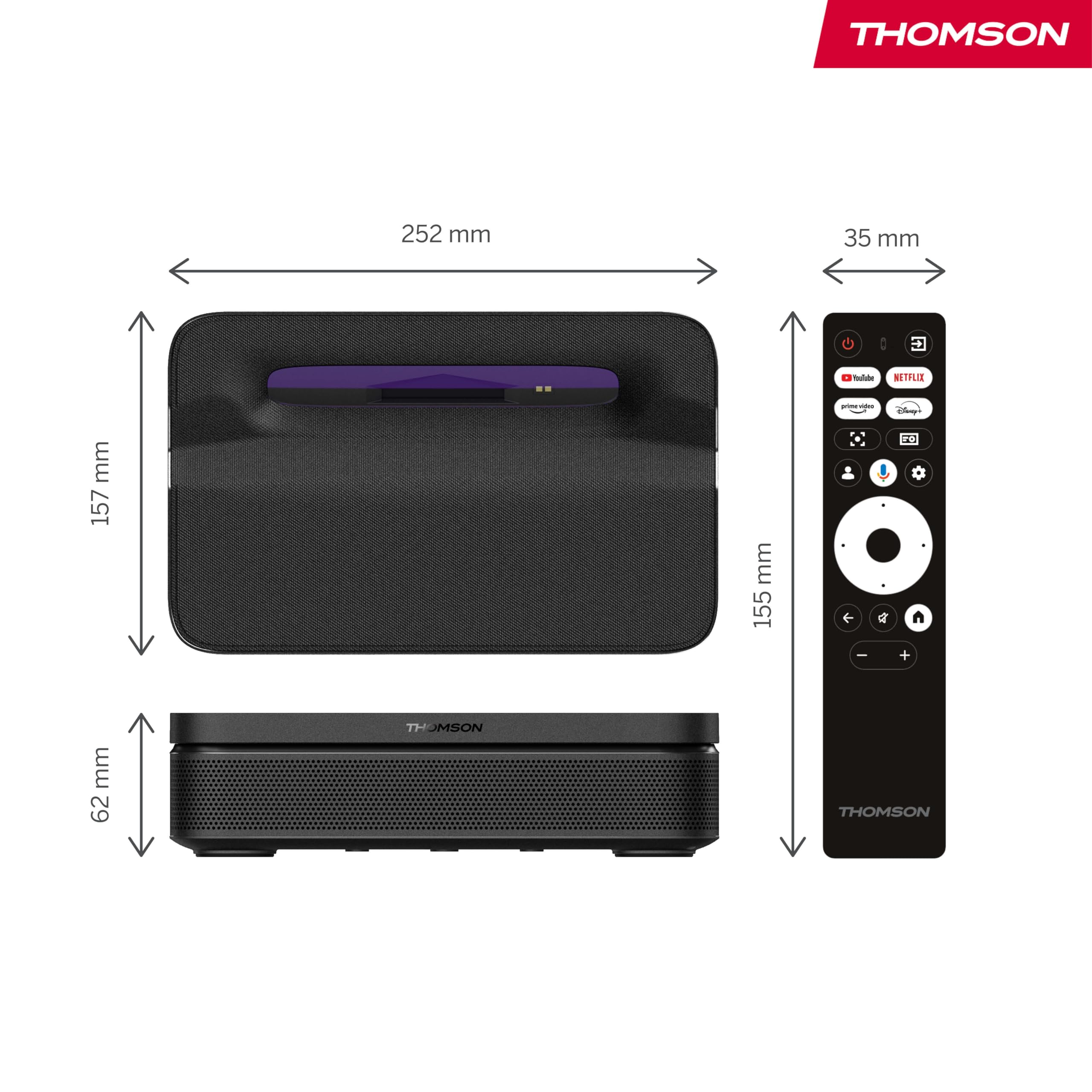 Thomson Sirius PG55B Proiettore Laser RGB Smart, Ottica Ultra-Corta, Full HD 1080p, Google TV, 600 ANSI, Auto Focus, HDR10+, Dolby Digital+, Batteria, WiFi, Bluetooth