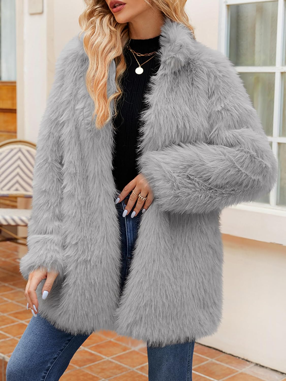 Simplee Women's Faux Fur Coat Furry Winter Jacket Long Sleeve Warm Open Front Fluffy Jackets - Image 2